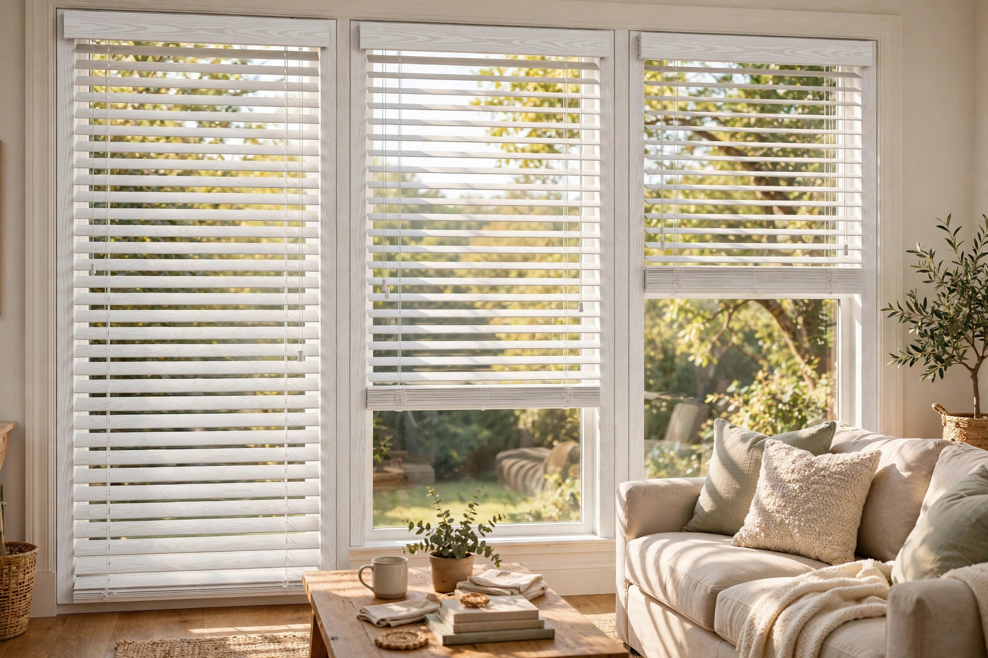 affordable faux wood blinds for sale in a bright American living room