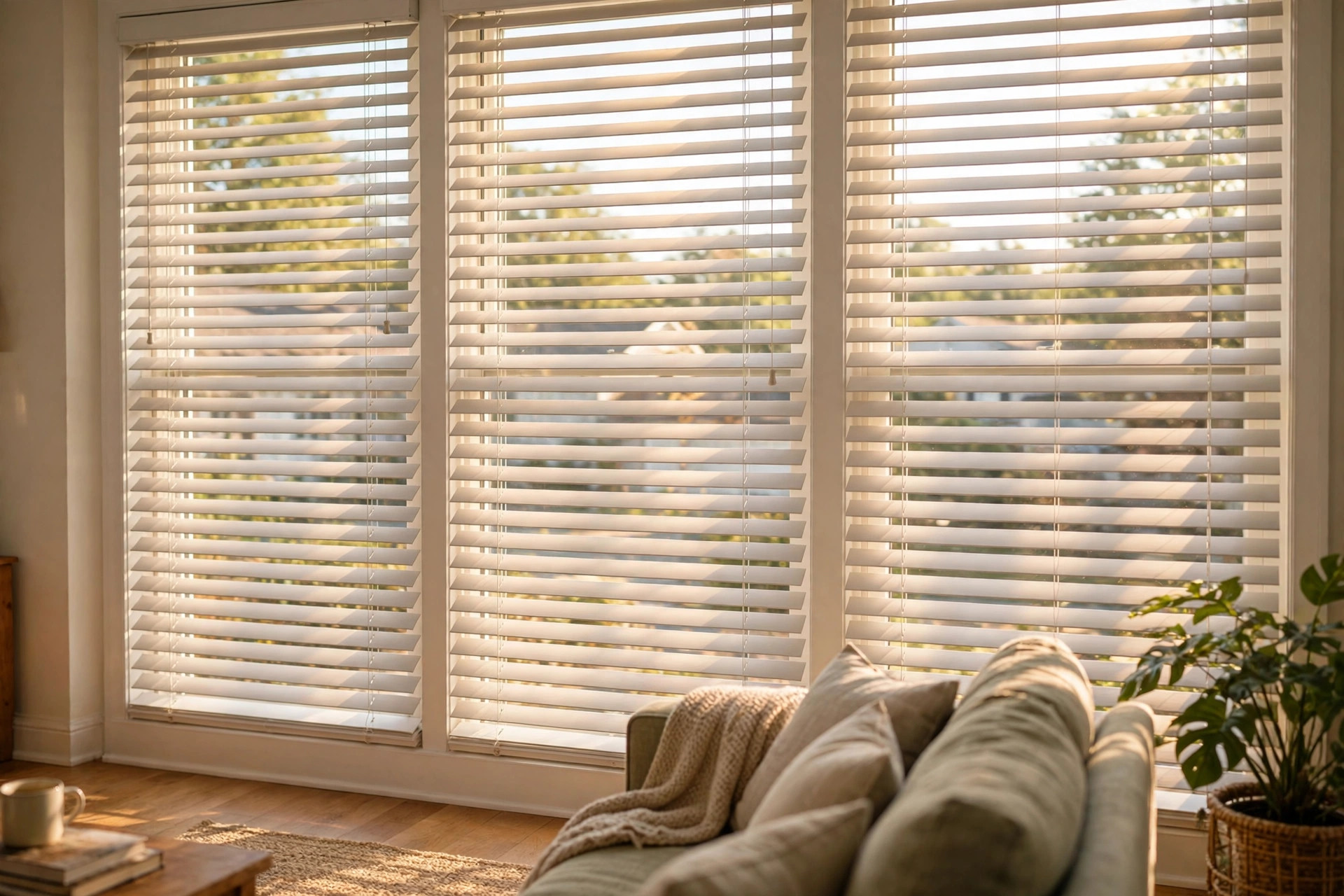 top rated faux wood blinds for usa homes: White faux wood blinds fitted to a wide living room window in an American home