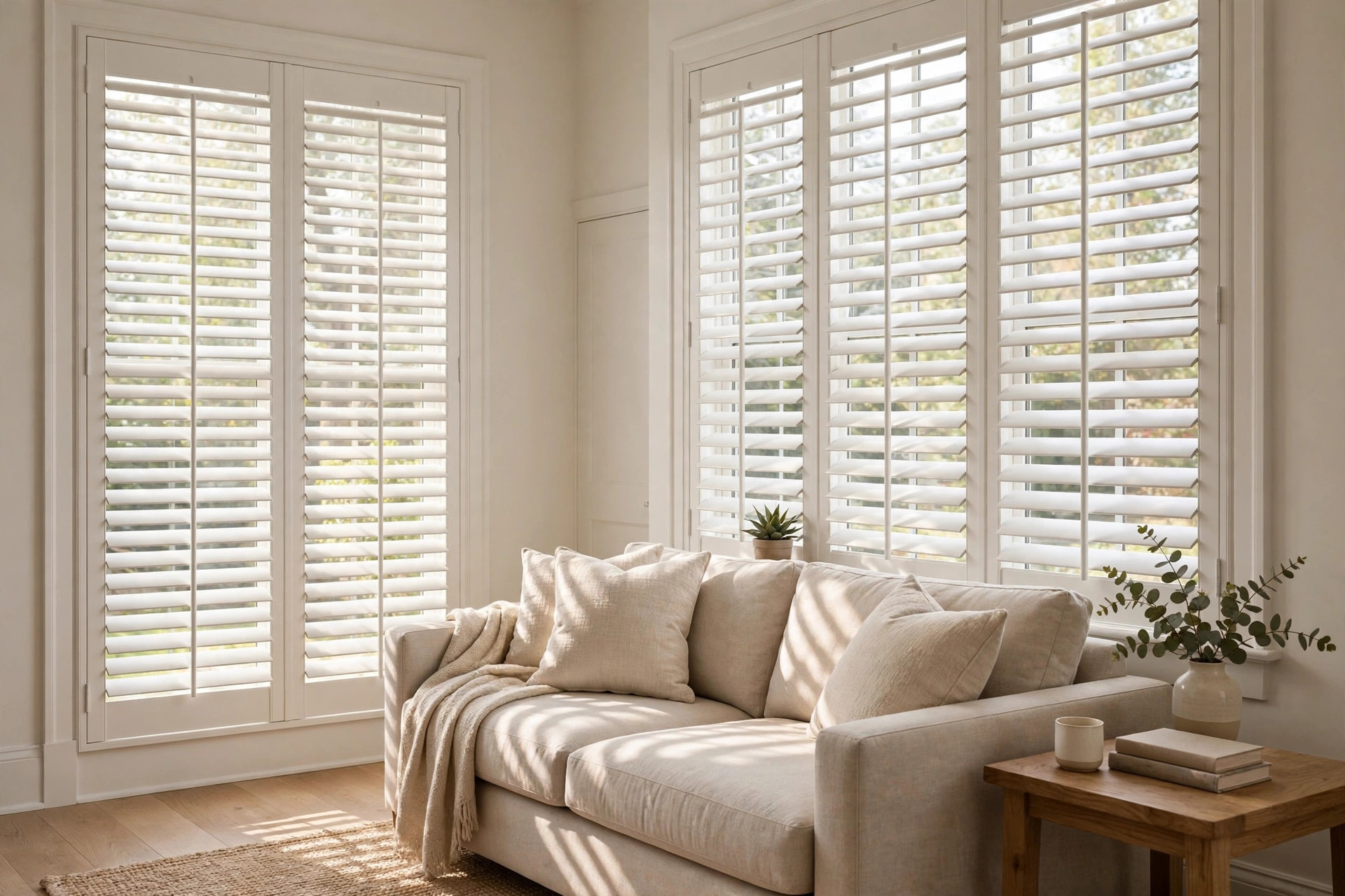 Newly installed white plantation shutters on living room windows, a result of reliable shutter installation services in the usa