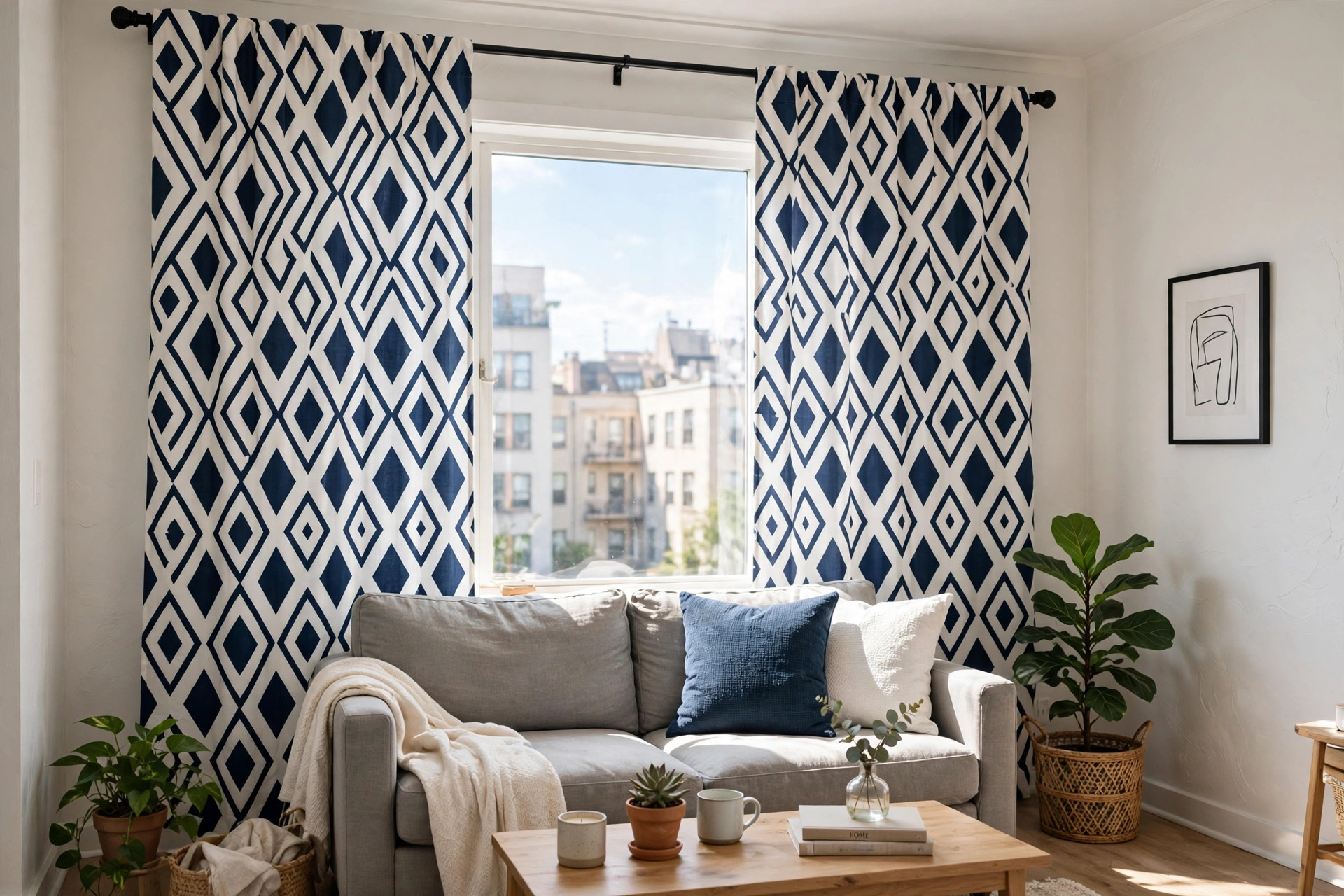 top rated modern geometric curtains for small apartments: Modern geometric curtains with a bold pattern in a bright small apartment living room