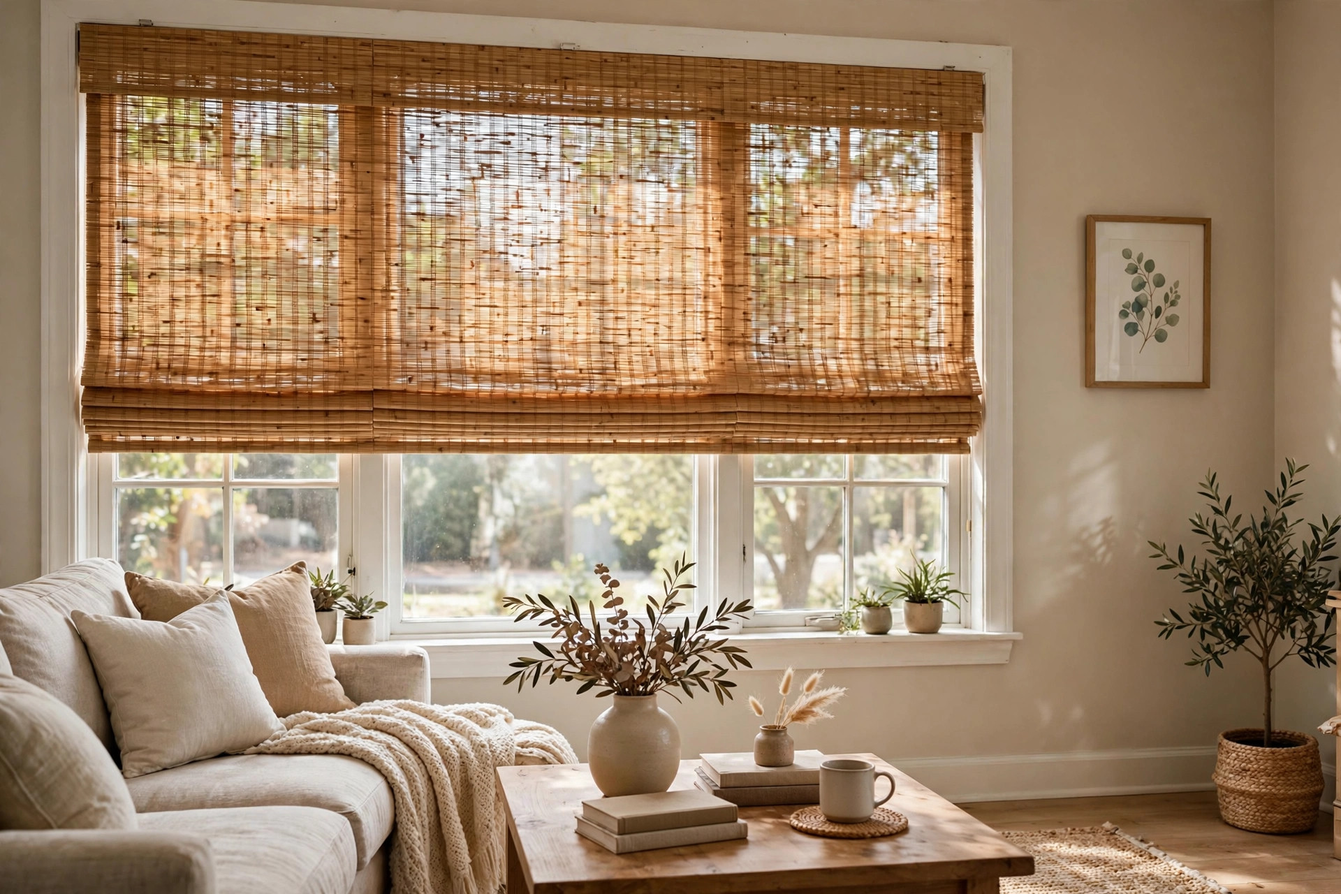 bamboo roman shades price comparison usa: Bamboo roman shades hanging in a bright American living room