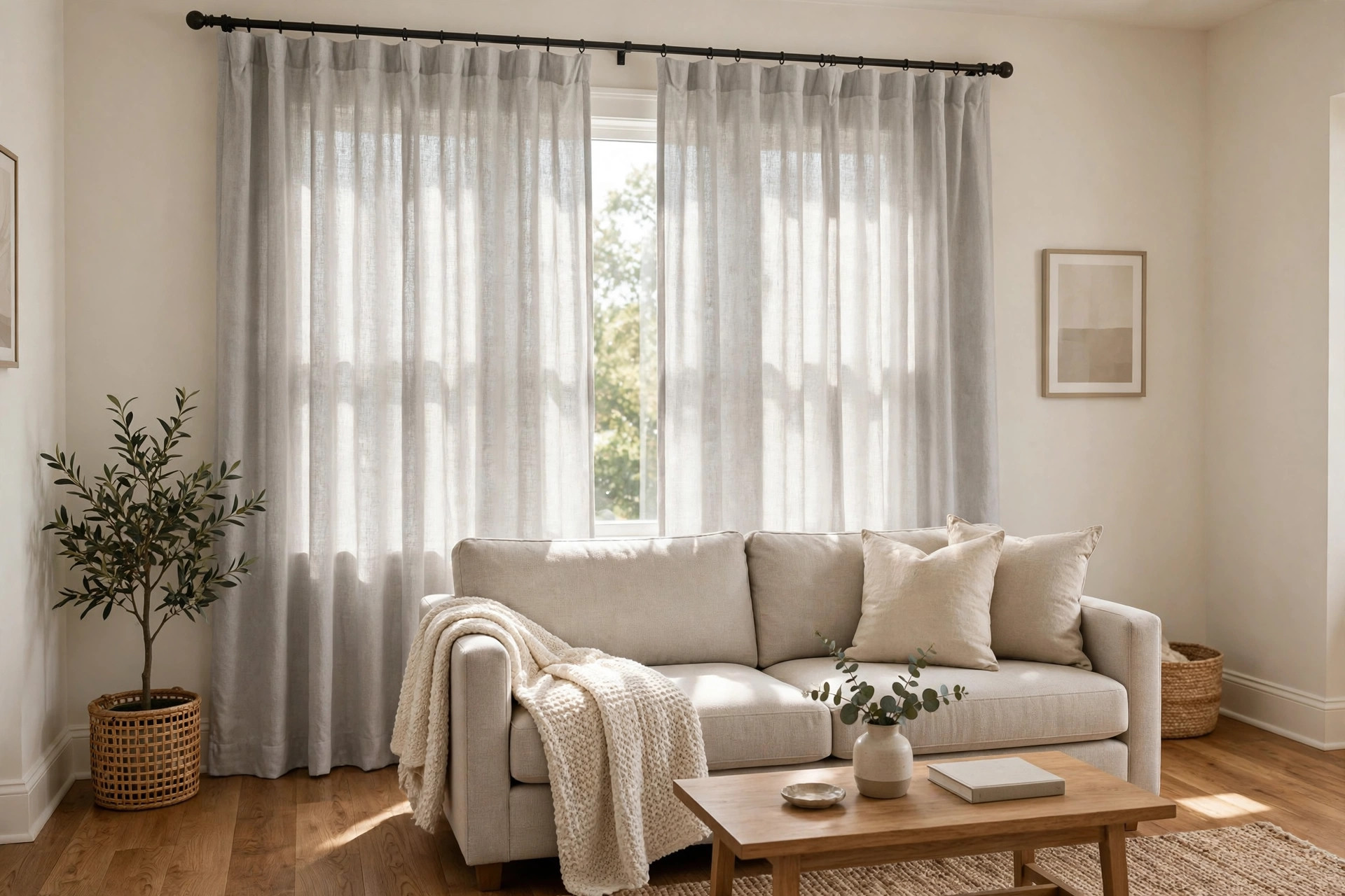Where to buy machine washable curtains in Texas: light gray washable curtain panels in a bright living room
