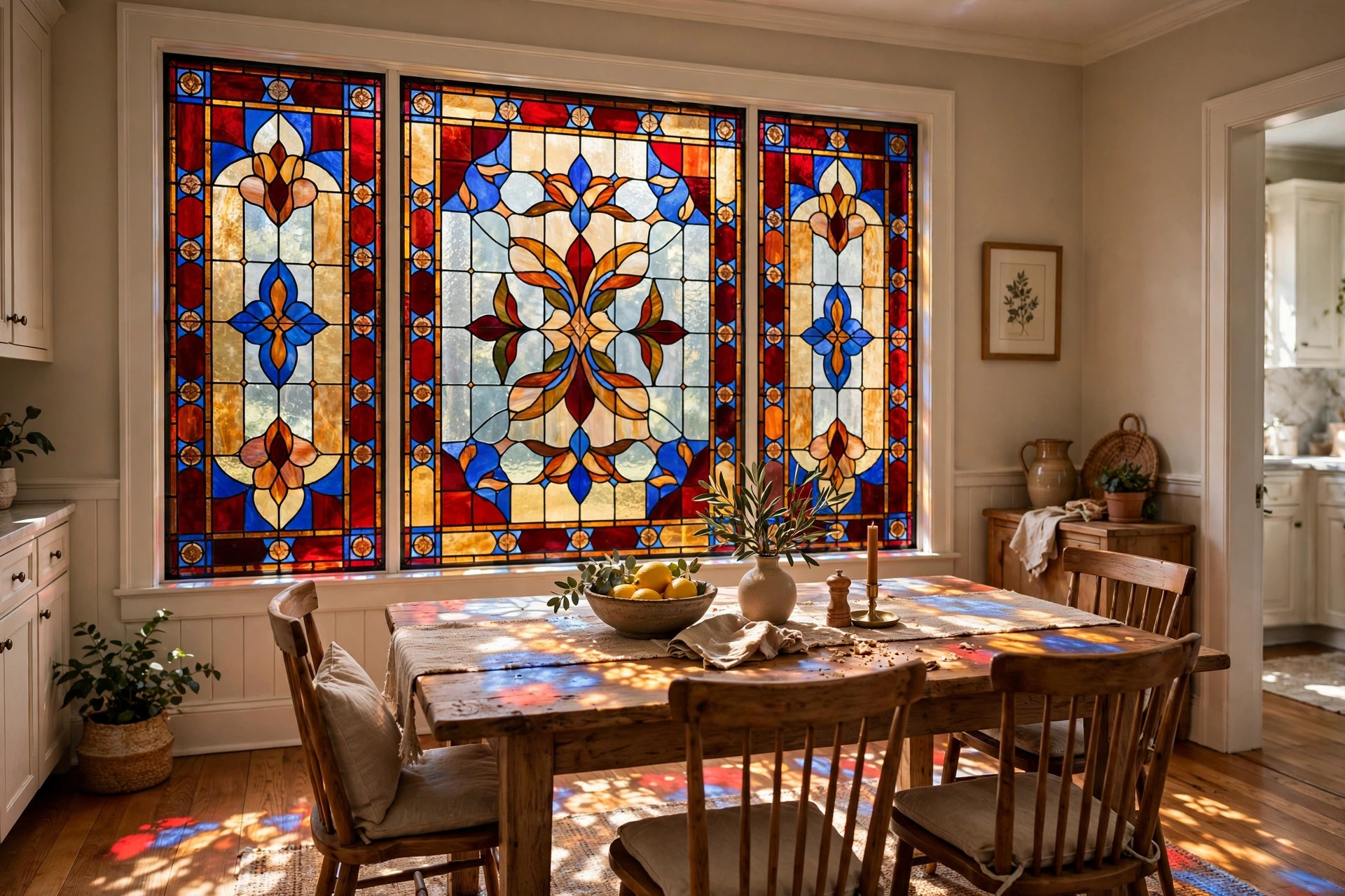 stained glass window film reviews and buying guide: Stained glass window film on a home window