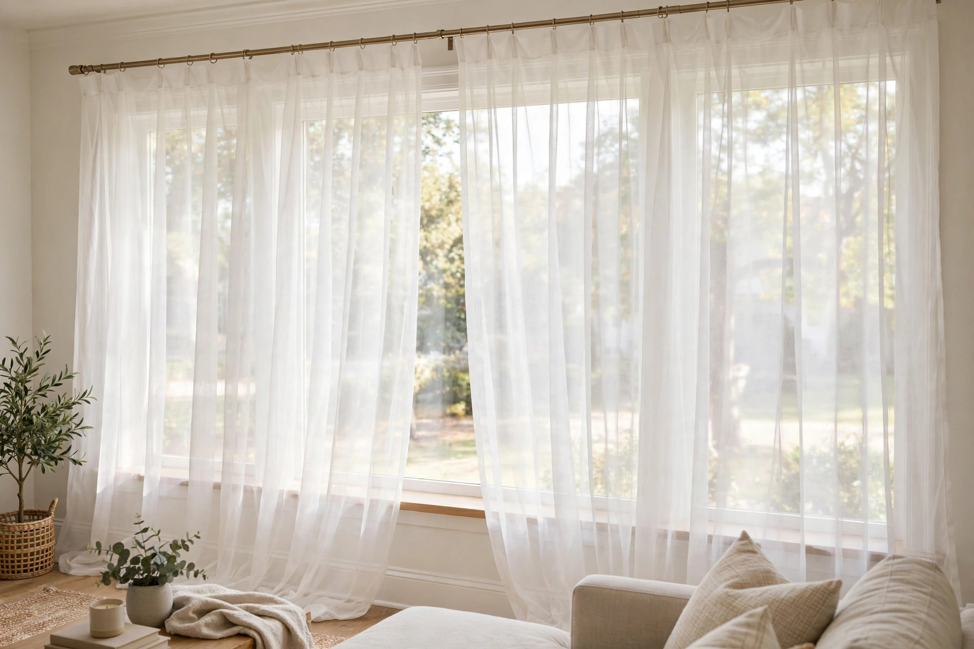 Thermal sheer voile panels with free shipping in a bright living room