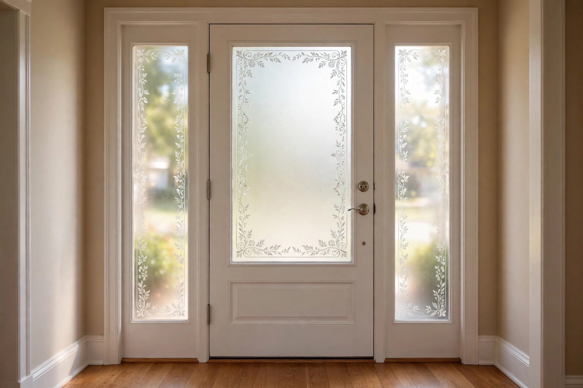 Best decorative window film for midwest homes shown on a frosted glass front door