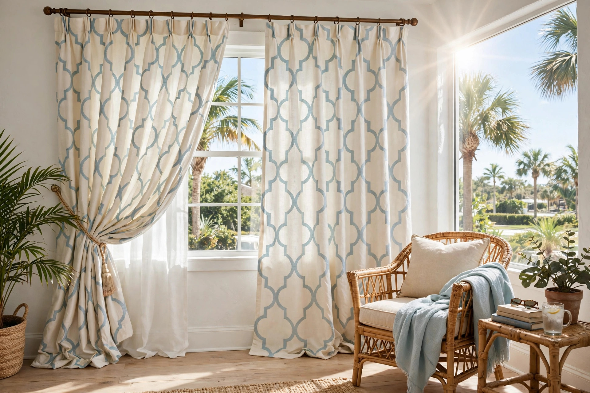 top rated moroccan pattern curtains for florida homes: Moroccan pattern curtains hanging in a bright Florida living room window