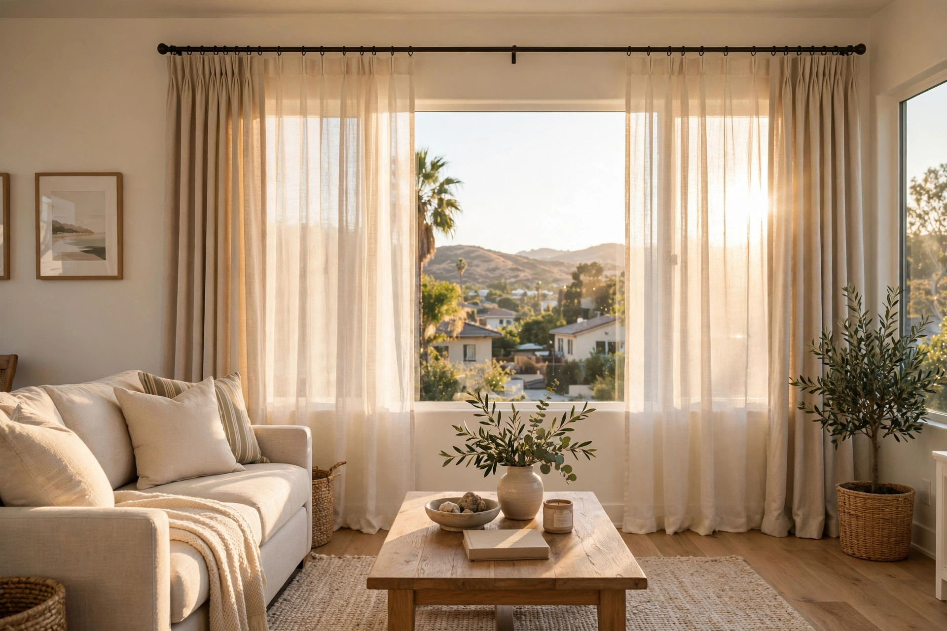 Reliable curtain cleaning services in California: freshly cleaned curtains in a bright home