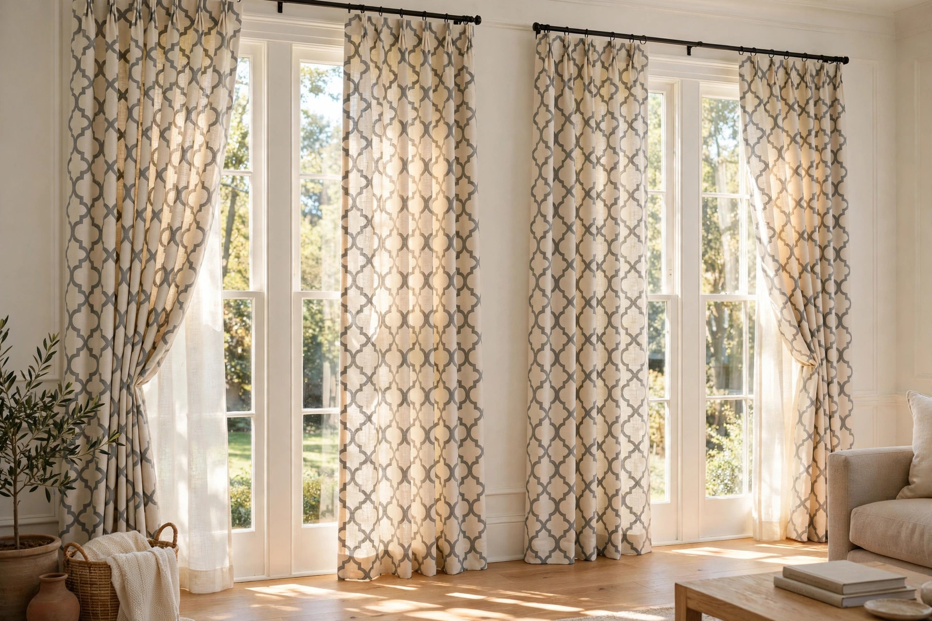 top rated moroccan pattern curtains for southern states: Moroccan pattern curtains with geometric print hanging in a bright living room with tall windows