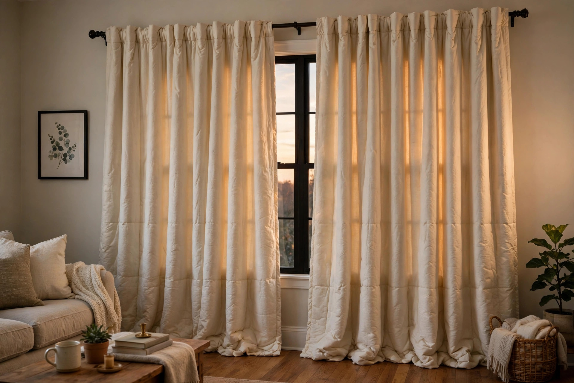 thermal insulated curtains reviews and buying guide: Thermal insulated curtains hanging over a living room window in an American home