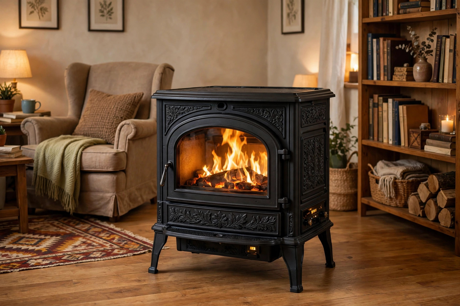 freestanding electric stoves reviews and buying guide: Freestanding electric stove in a cozy American living room