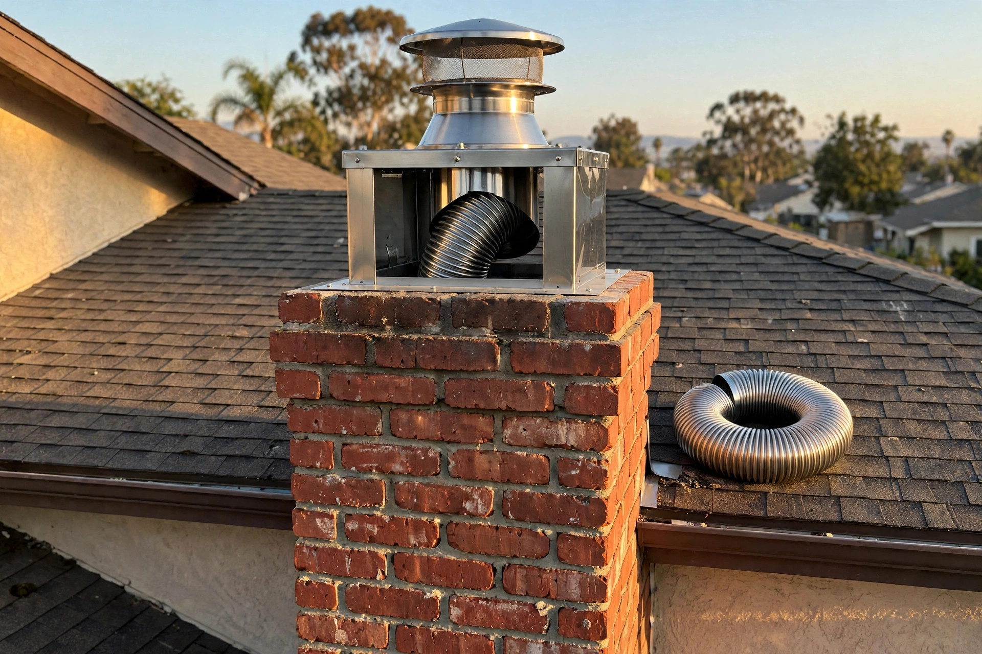 buy chimney liners online in california: Stainless steel chimney liner installation with cap on a brick fireplace chimney in a California home