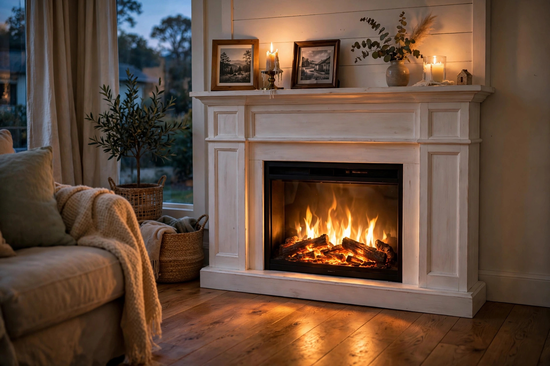 top rated electric fireplace mantels for american homes: Electric fireplace mantel glowing in an American living room