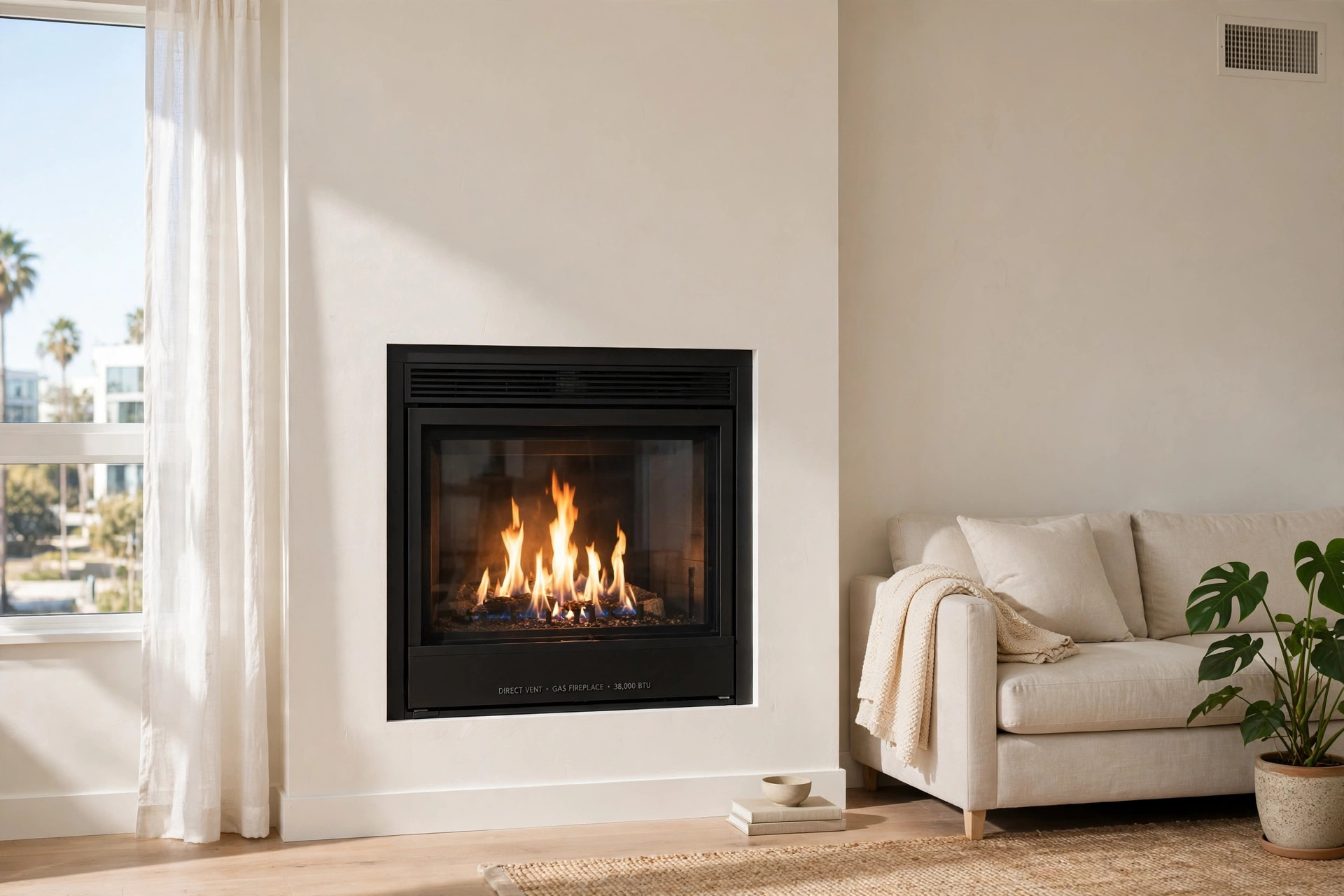 best direct vent gas fireplaces for california apartments: A direct vent gas fireplace with glowing flames set in the living room of a California apartment