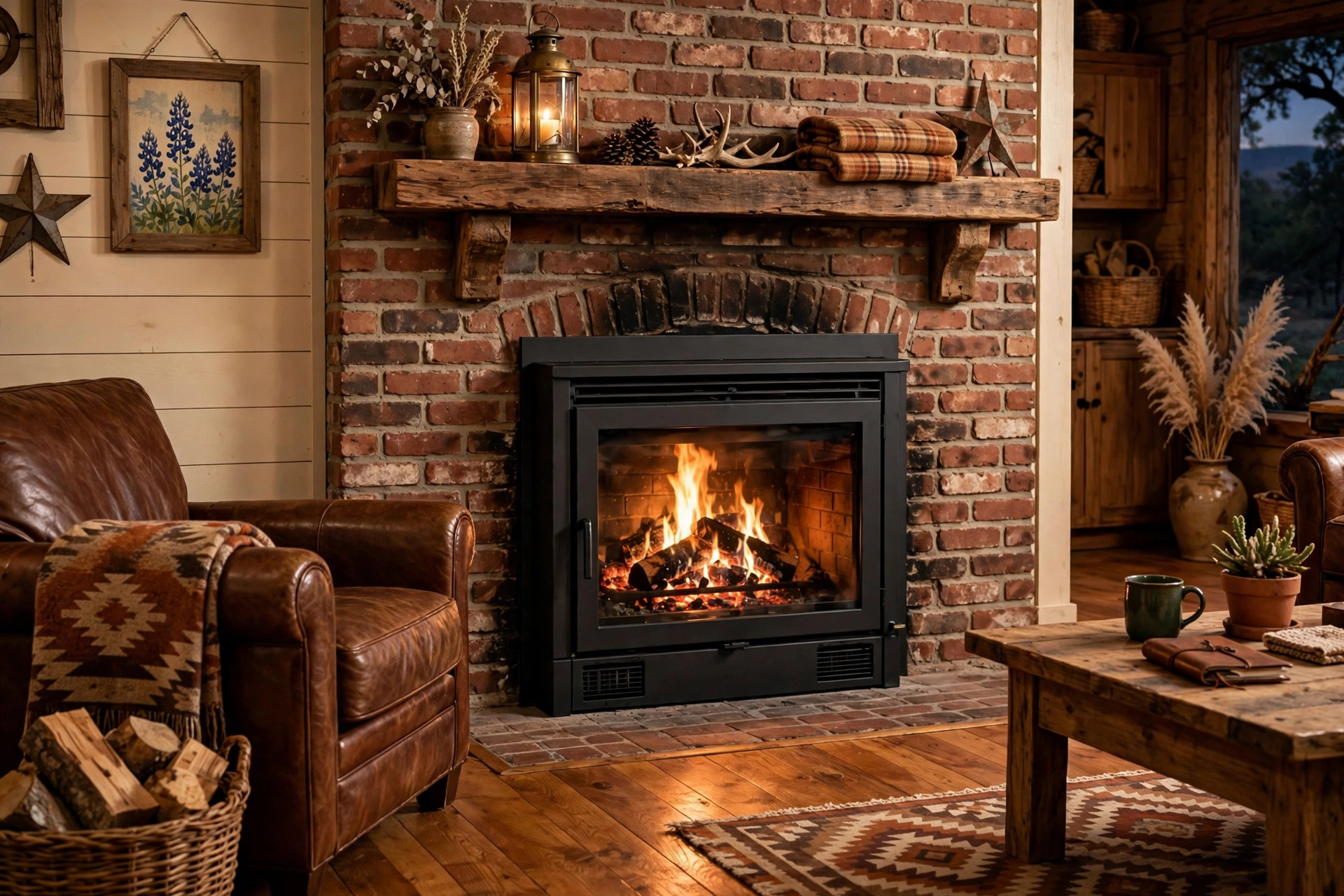 best wood burning fireplace inserts for texas homes: Wood burning fireplace insert glowing in a Texas living room
