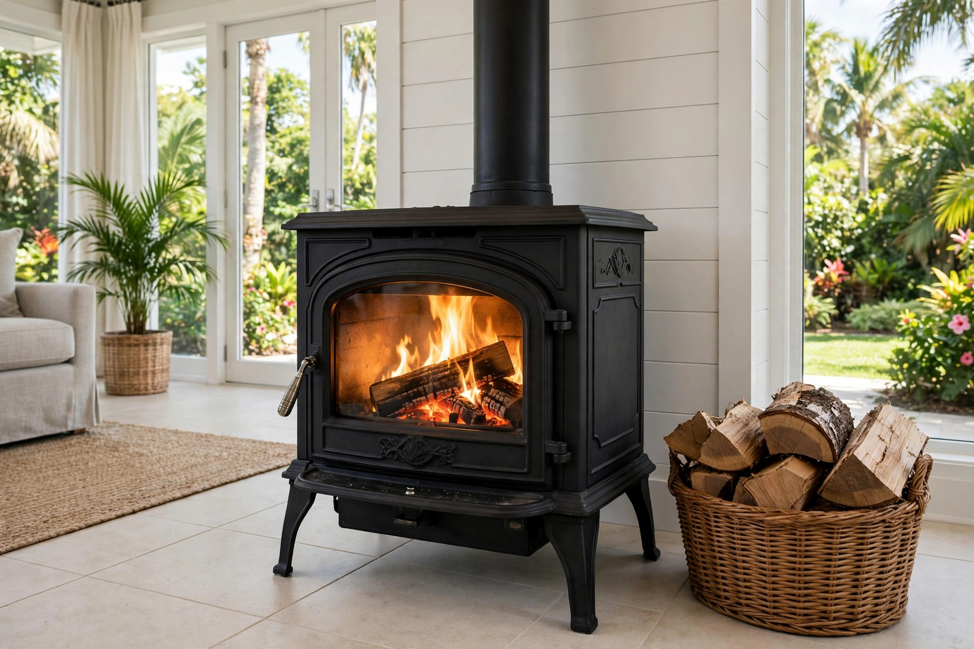 buy wood burning stoves online in florida: A wood burning stove with a fire in a Florida living room