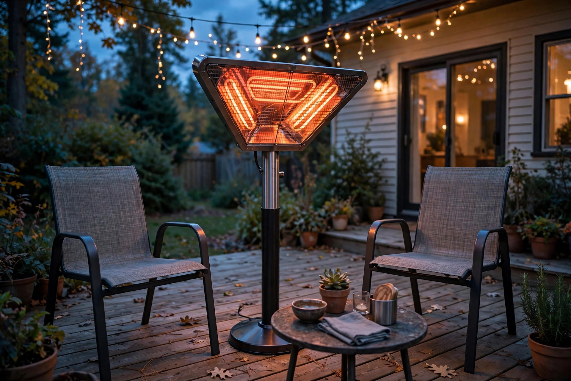 affordable infrared outdoor heaters buying guide: Infrared outdoor heater warming a backyard patio on a cool evening