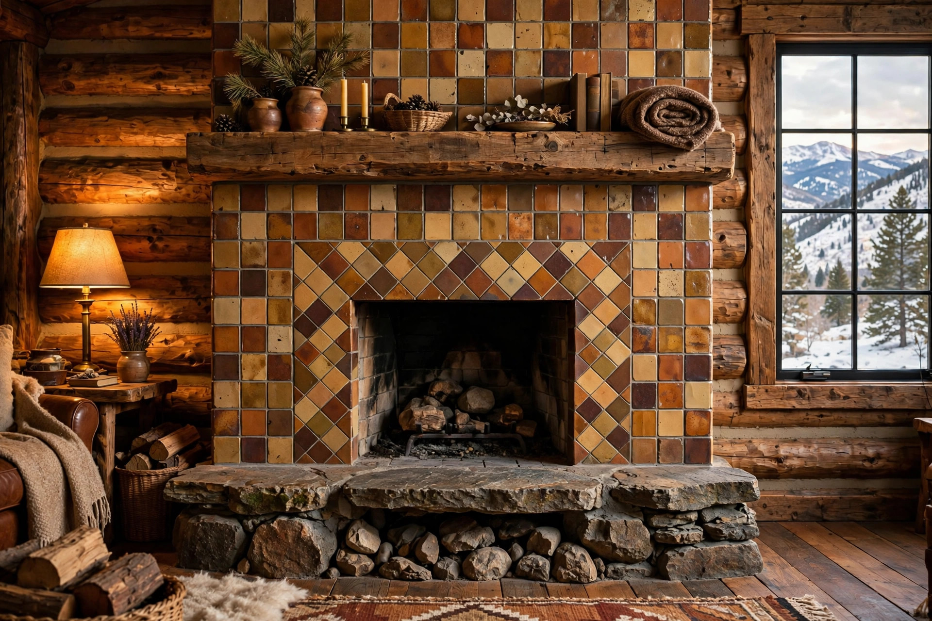 buy tile fireplace surrounds online in colorado: Tile fireplace surround in a Colorado living room