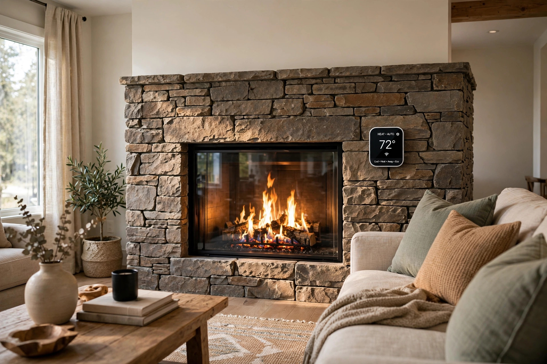 smart thermostat controlled gas fireplaces for sale: Smart thermostat controlled gas fireplace in an American living room