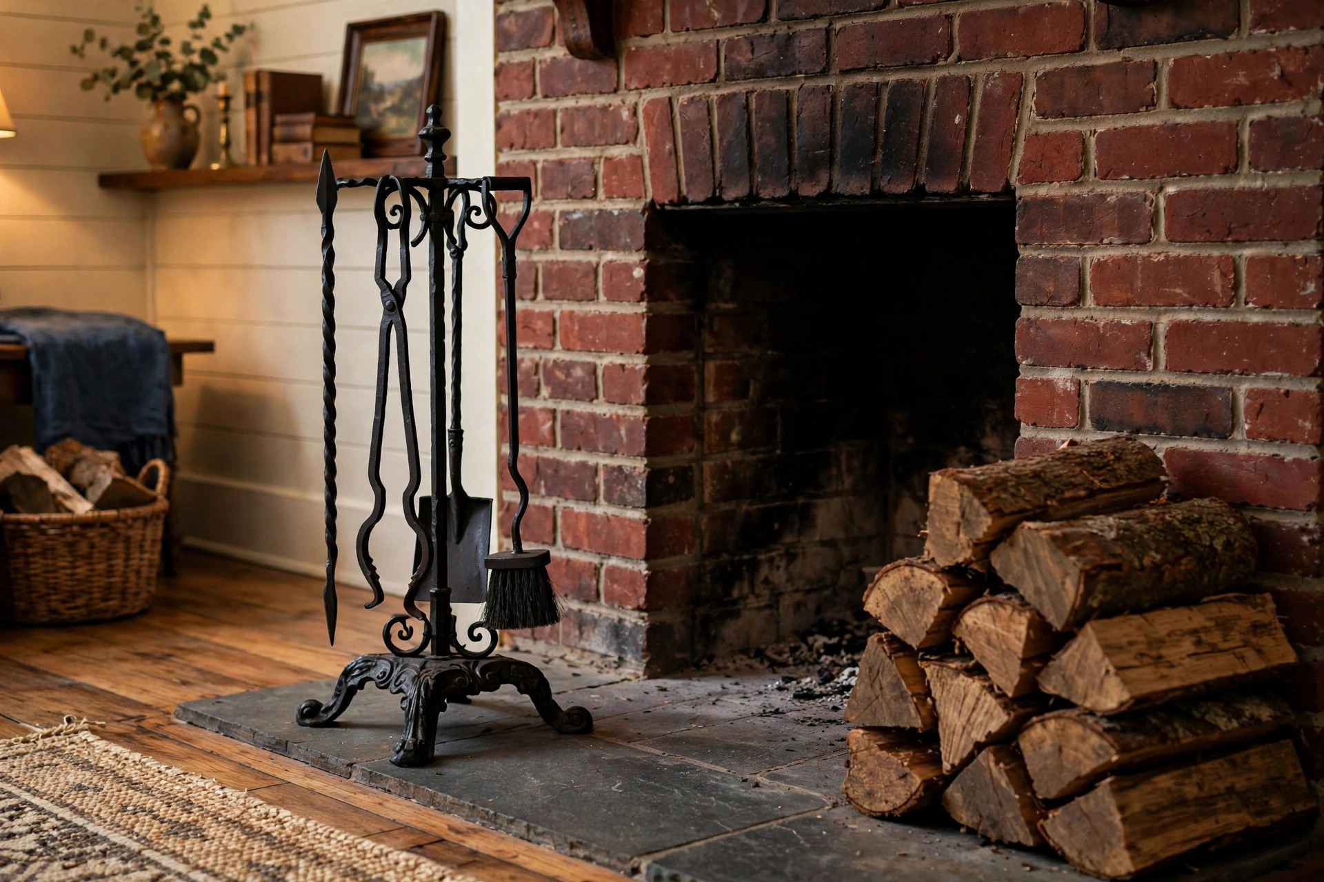 EPA certified fireplace tool sets for sale in a brick hearth
