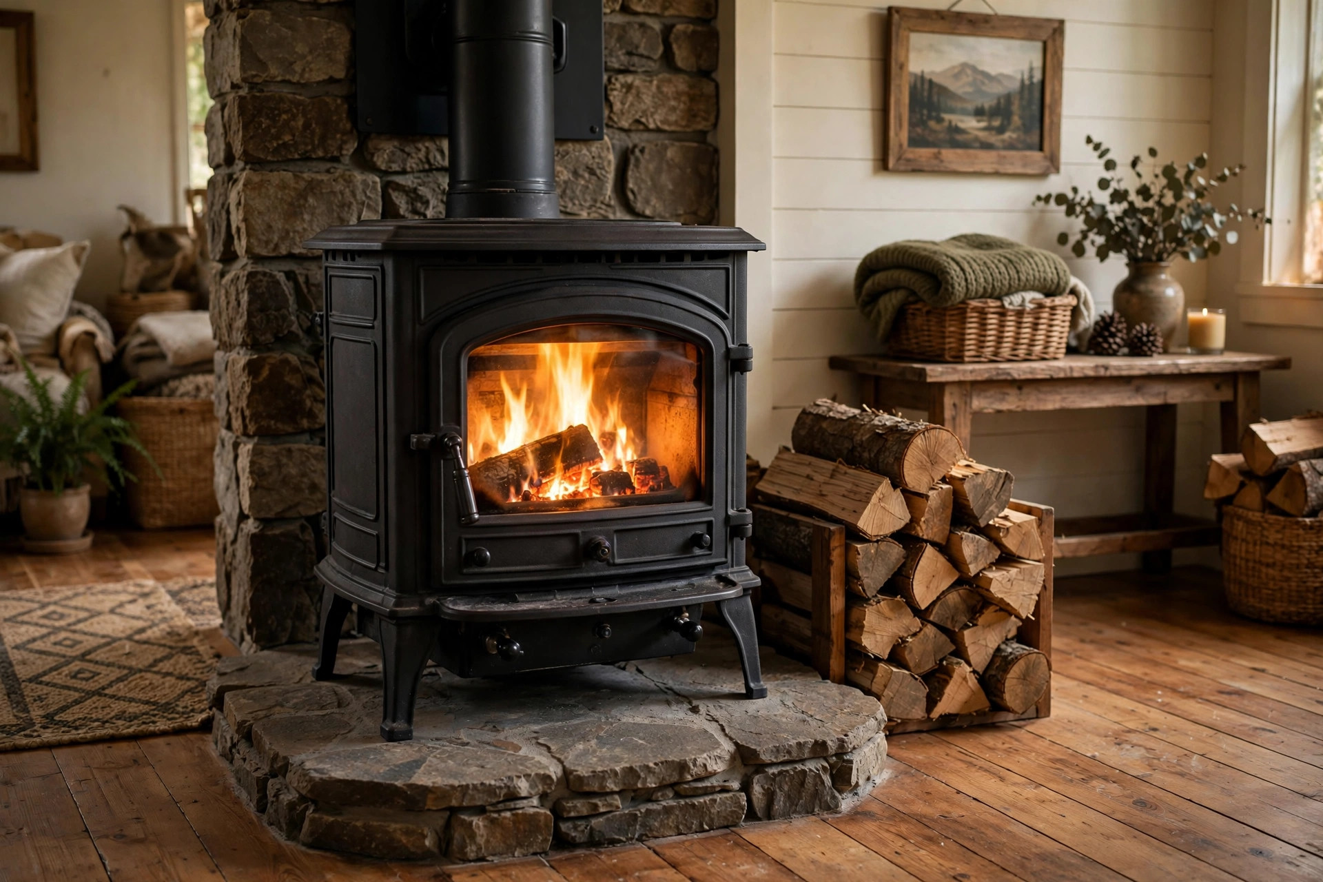 best wood burning stoves buying guide: A black cast-iron wood burning stove glowing warmly in an American living room