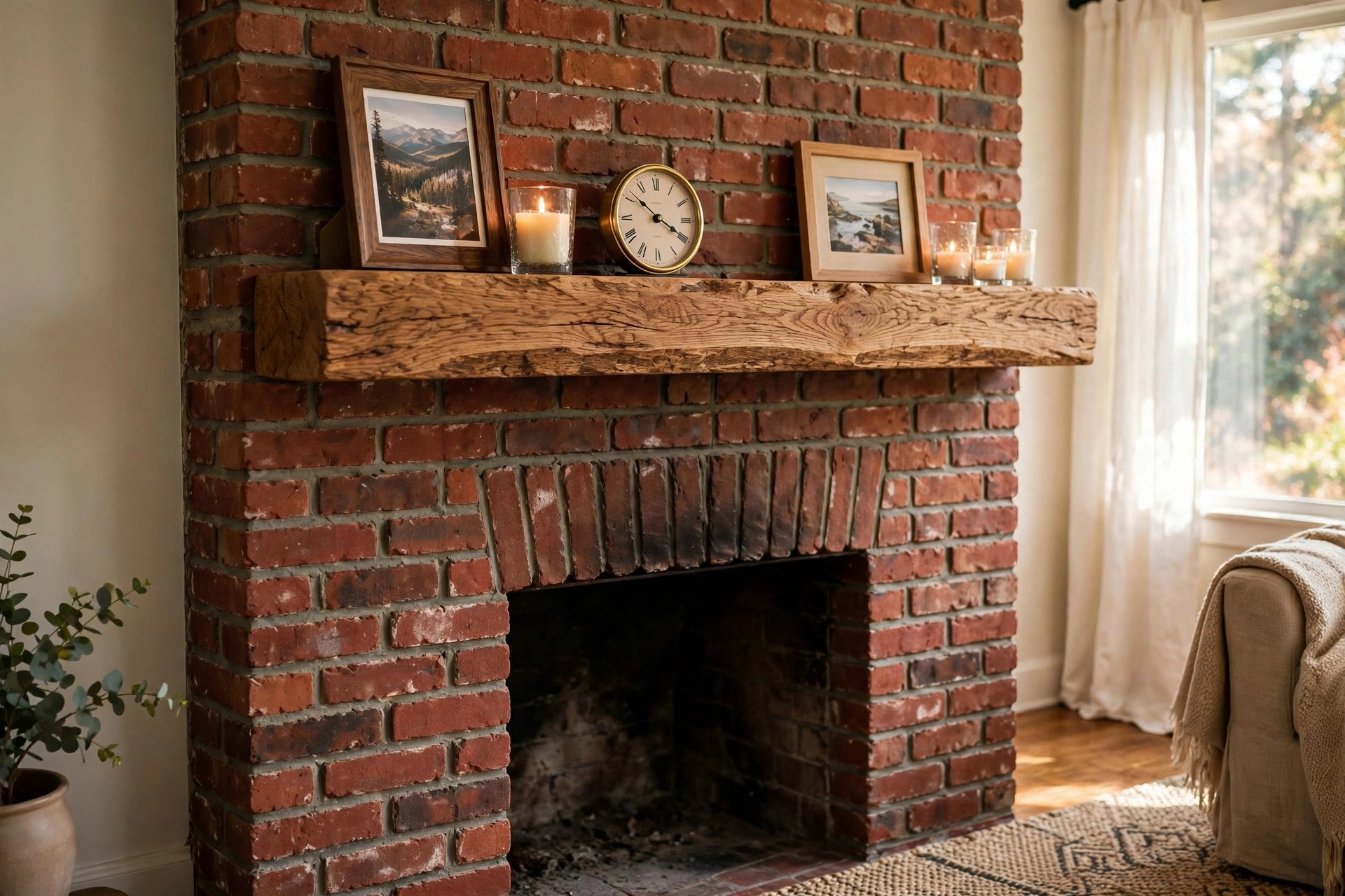 fireplace mantel shelves reviews and buying guide: Wooden fireplace mantel shelves above a brick fireplace in an American living room