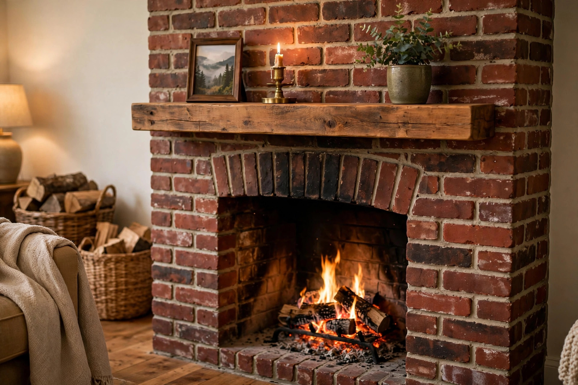 affordable floating fireplace mantels for usa homes: Affordable floating fireplace mantel shelf above a brick fireplace in an American living room