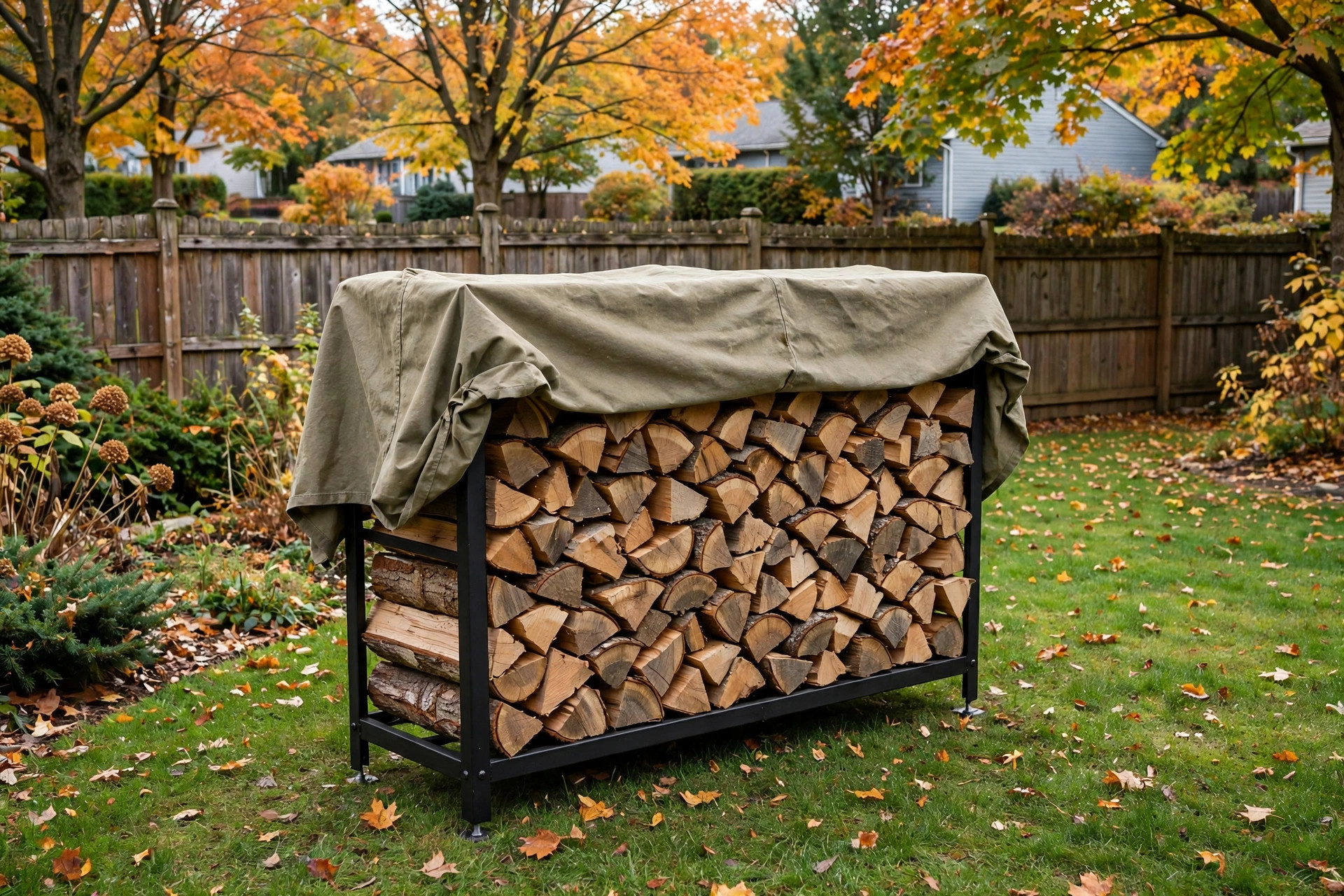 affordable firewood storage racks with free shipping: Firewood stored neatly on an affordable firewood storage rack with free shipping