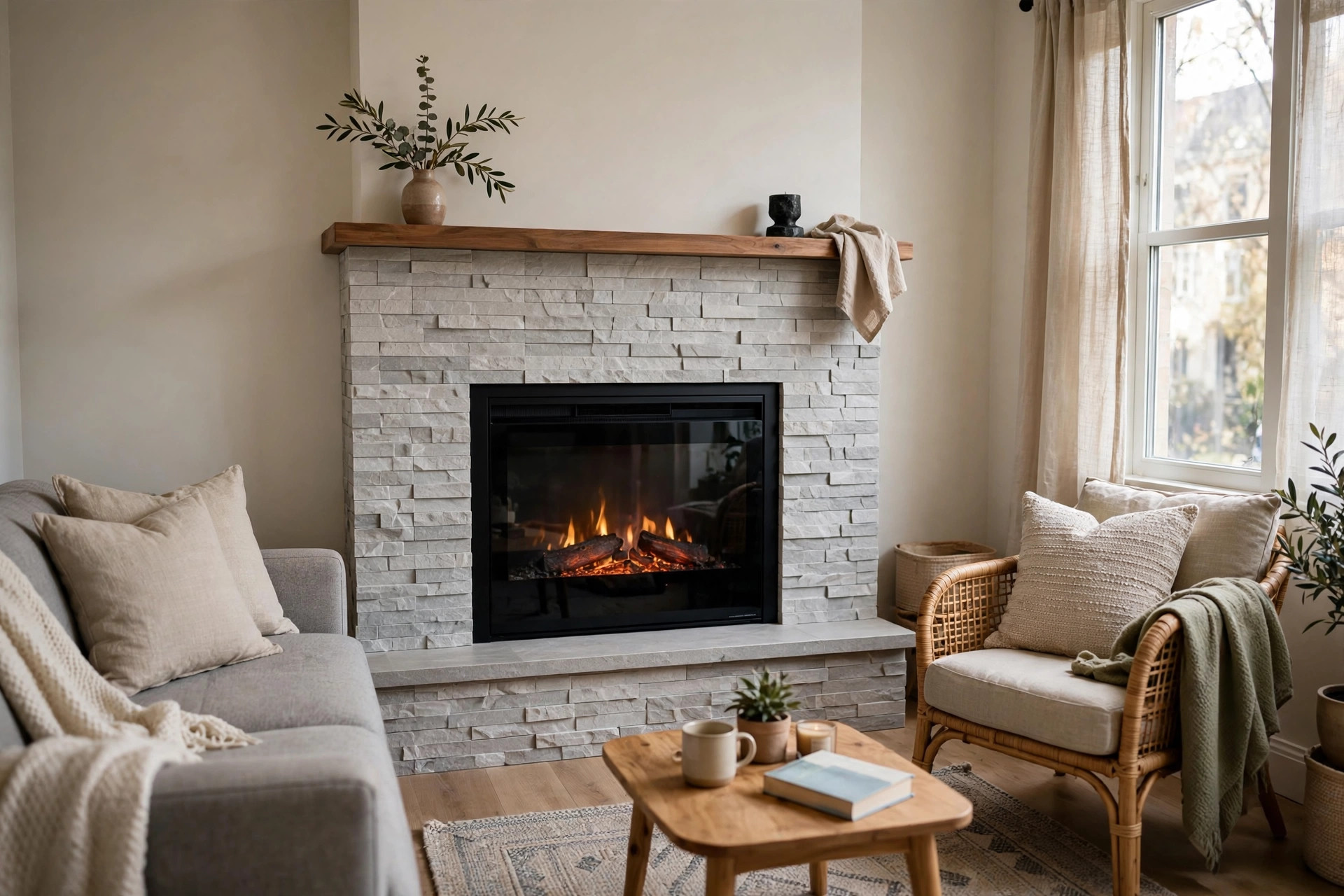 top rated stone fireplace surrounds for small apartments: A stone fireplace surround in a small apartment living room