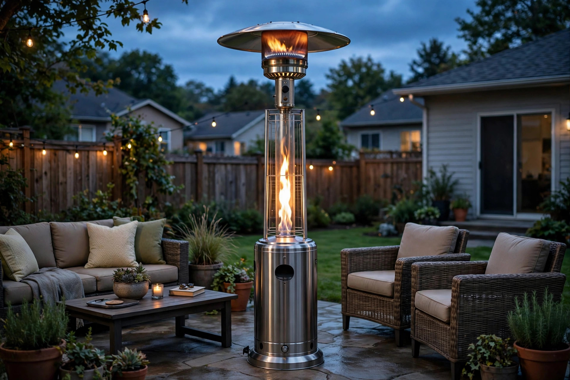 top rated propane patio heaters buying guide: Propane patio heater warming an American backyard patio at dusk