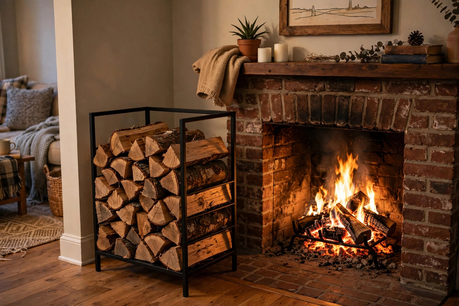 budget friendly indoor firewood holders for sale: Split firewood stacked in a budget friendly indoor firewood holder beside a brick fireplace