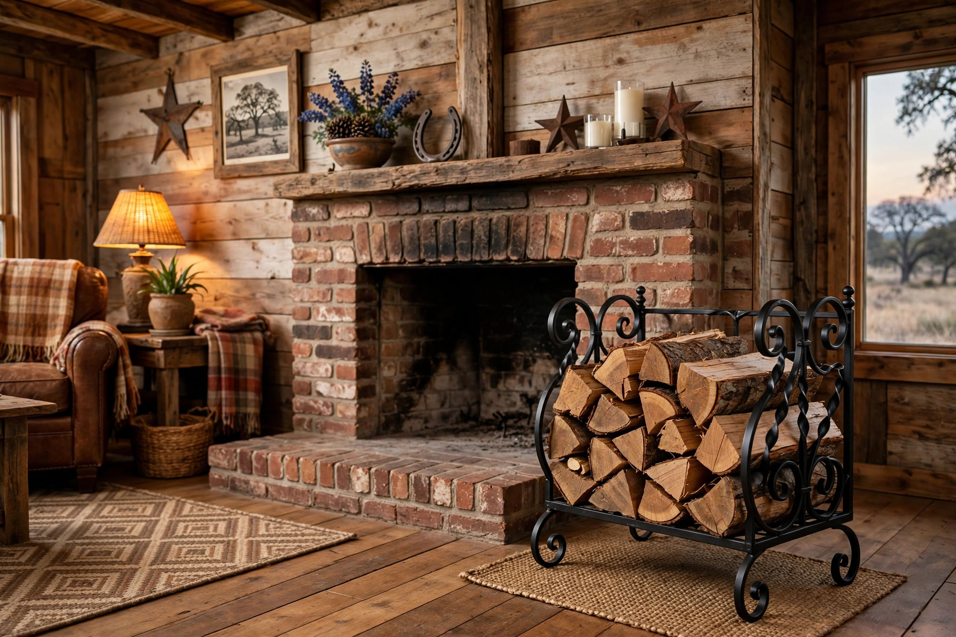 Best fireplace log holders for Texas homes: black wrought iron holder with split firewood beside a brick hearth