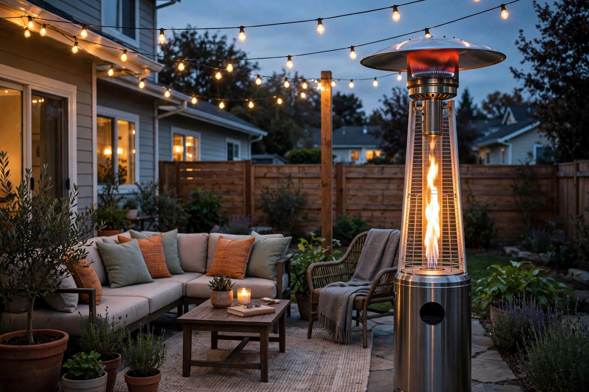 top rated outdoor patio heaters buying guide: A freestanding propane patio heater warming an American backyard patio at dusk