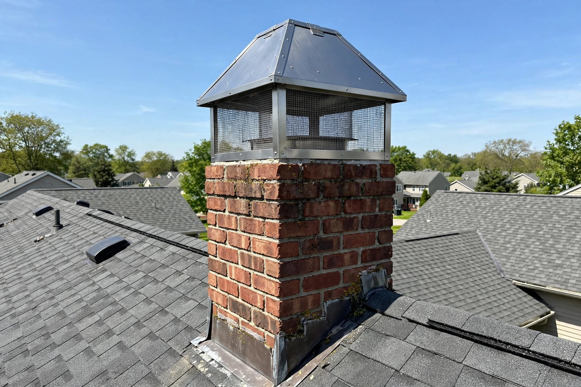 chimney caps and covers reviews and buying guide: A brick chimney with a stainless steel cap and spark screen