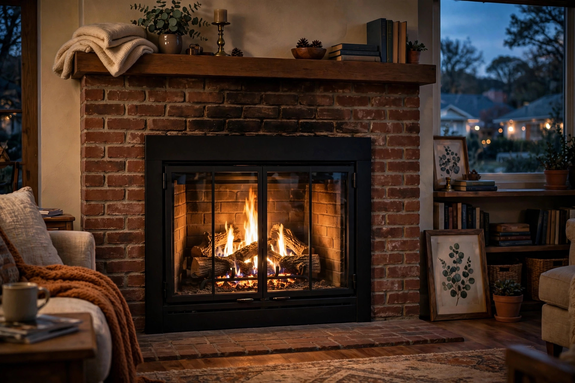 Gas fireplace inserts reviews and buying guide photo showing a gas insert with warm flames in a brick fireplace