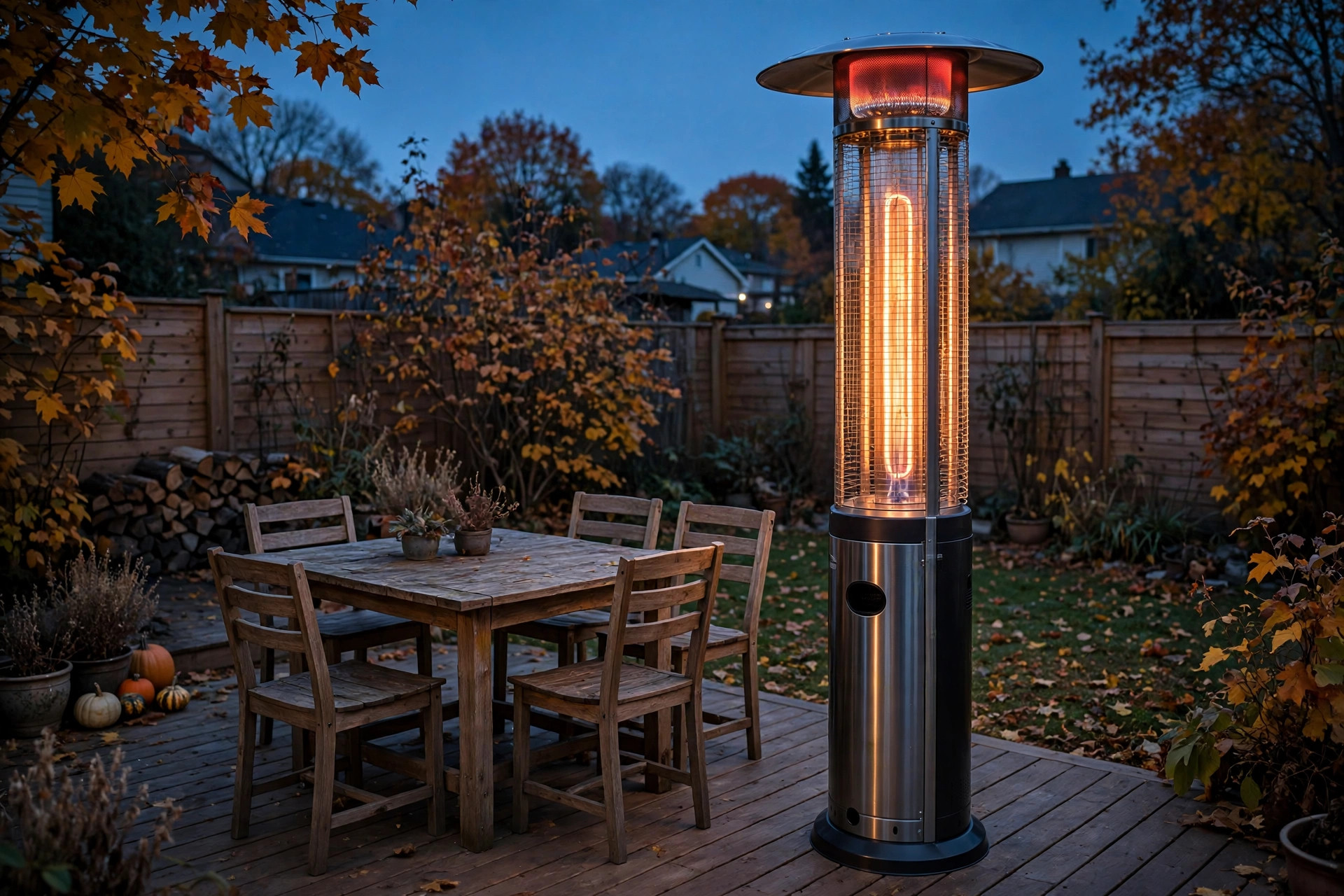 best electric patio heaters buying guide: Electric patio heater warming a backyard deck at dusk