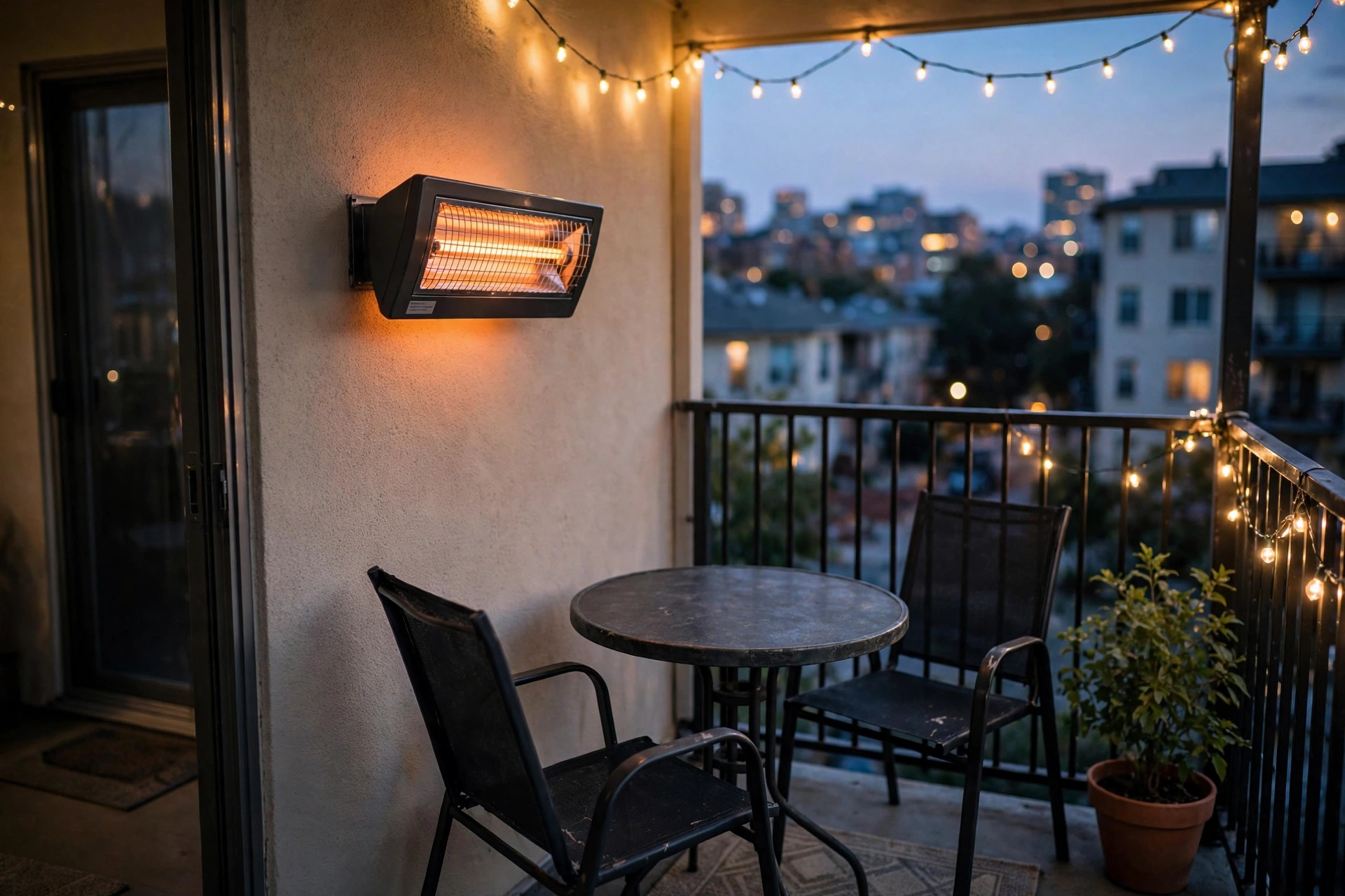 top rated infrared outdoor heaters for small apartments: A compact infrared outdoor heater warming a small apartment balcony at dusk