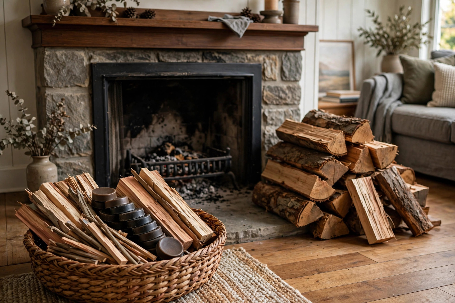 Premium fire starters and kindling for humid climates stacked beside a fireplace