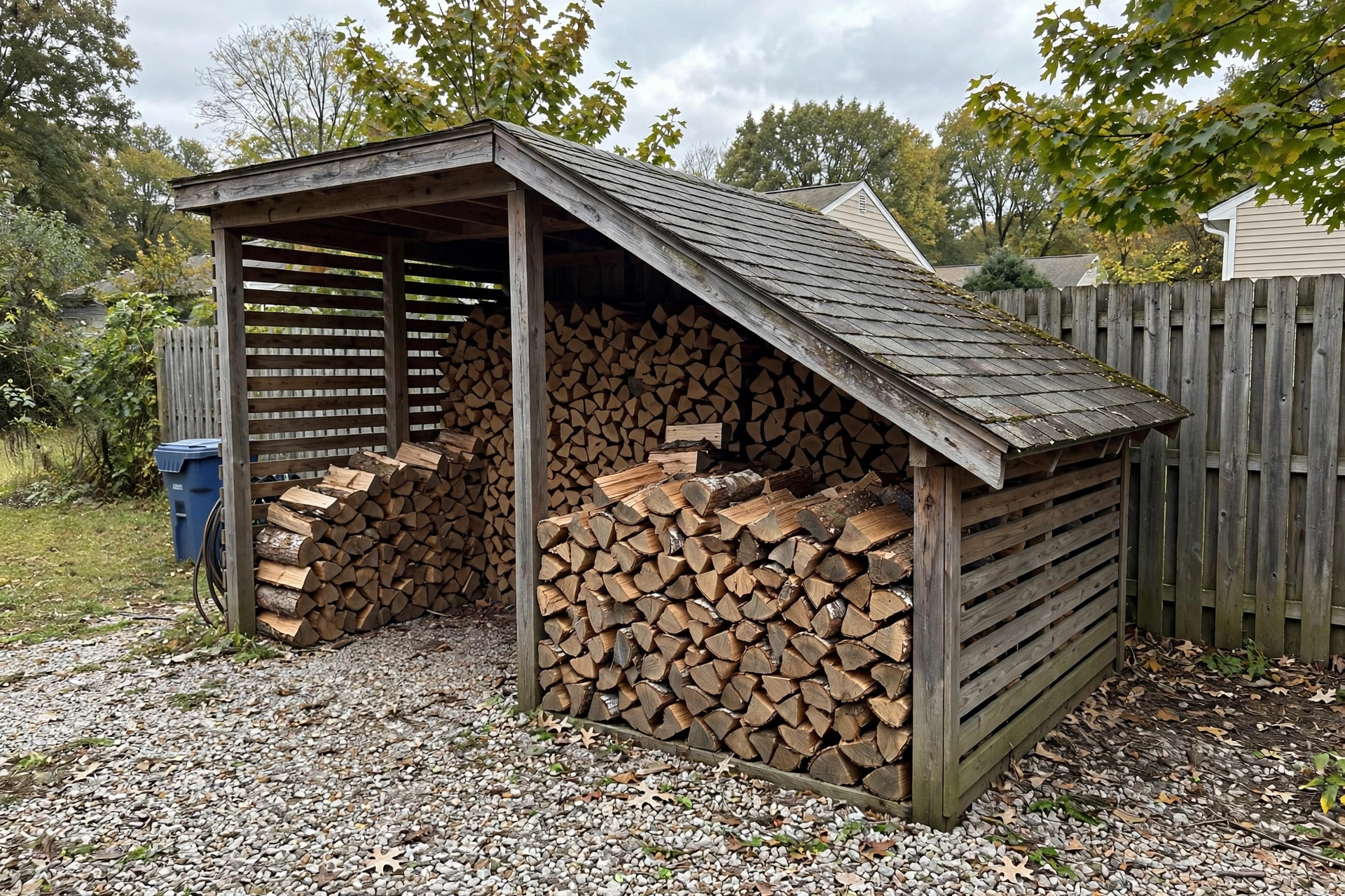 outdoor firewood storage sheds reviews and buying guide: Wooden outdoor firewood storage shed with neatly stacked split logs in a backyard