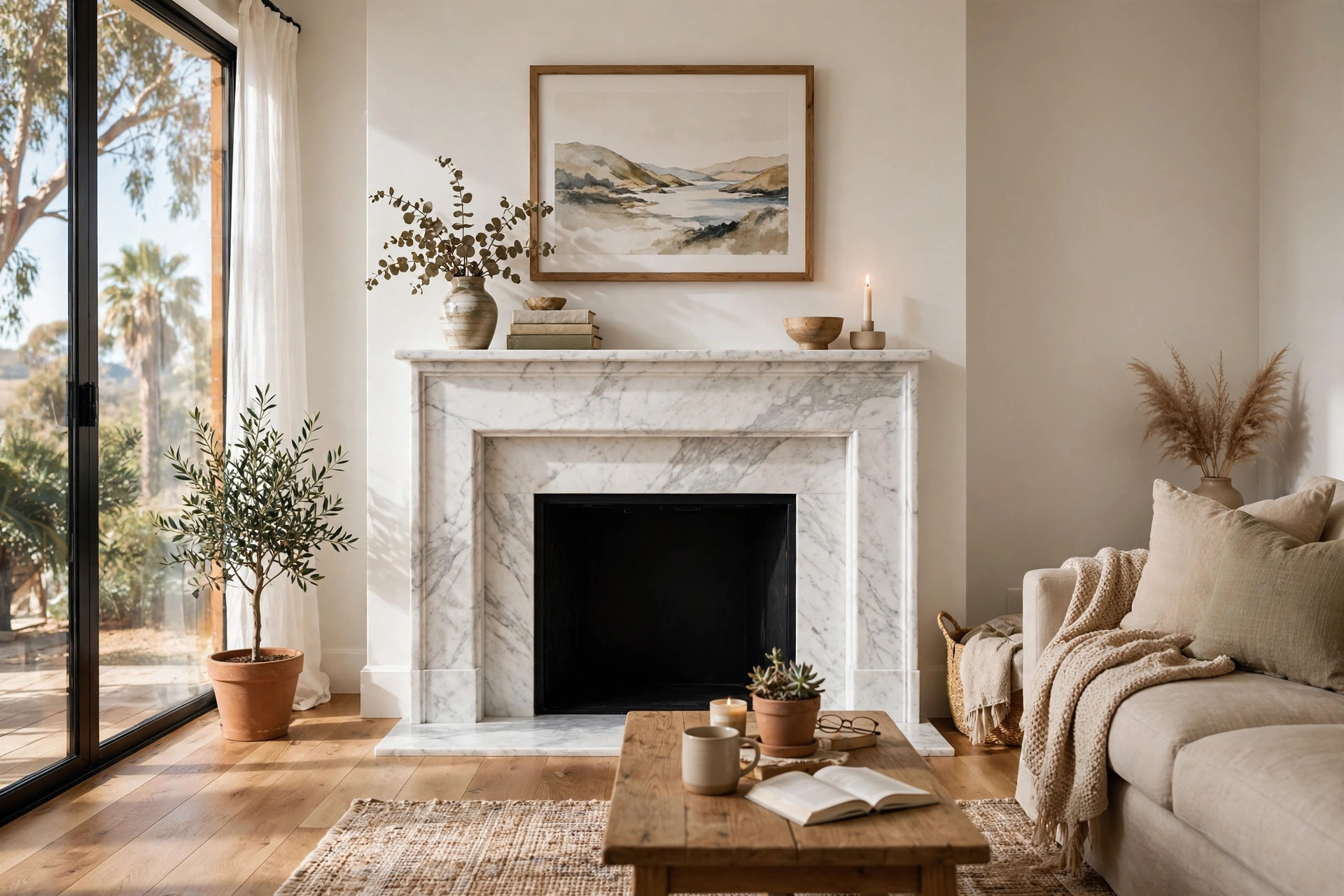 where to buy marble fireplace surrounds in california: Marble fireplace surround installed in a California home
