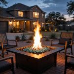 energy efficient propane fire pits for texas homes: An energy efficient propane fire pit glowing on a Texas home patio at dusk