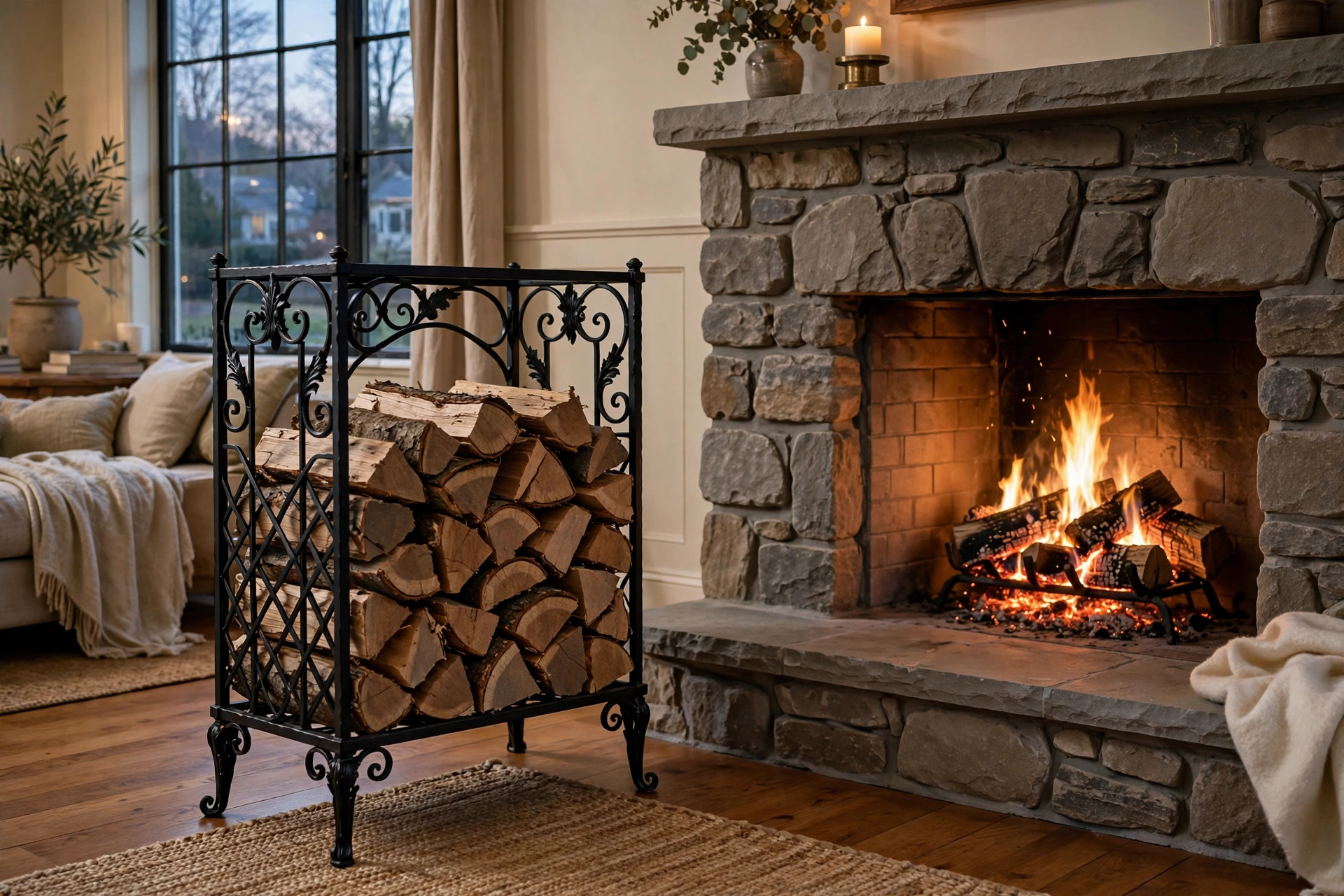 luxury indoor firewood holders with free shipping: Luxury indoor firewood holder with free shipping next to a fireplace