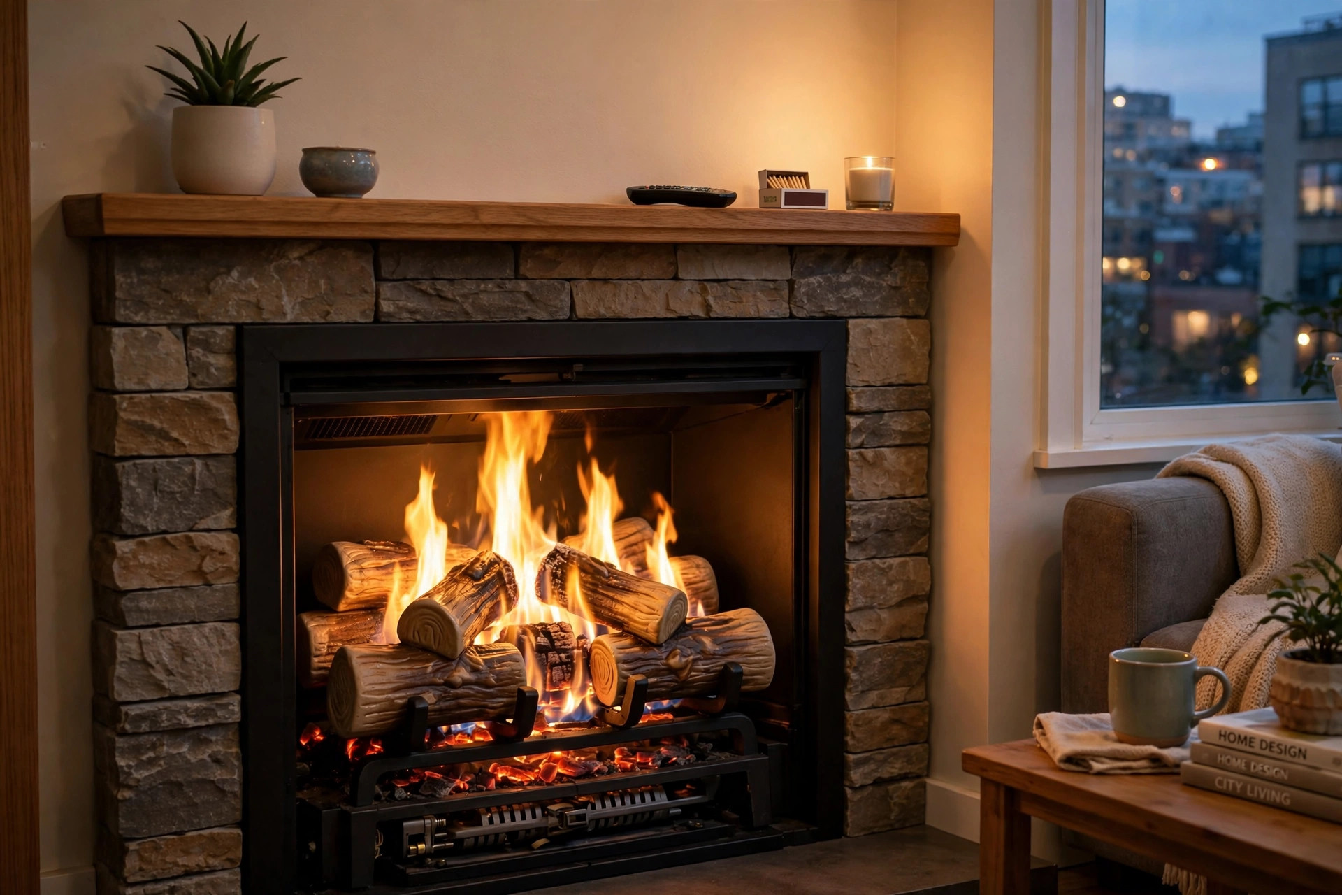 premium vented gas log sets for small apartments: Premium vented gas log set burning in a small apartment fireplace
