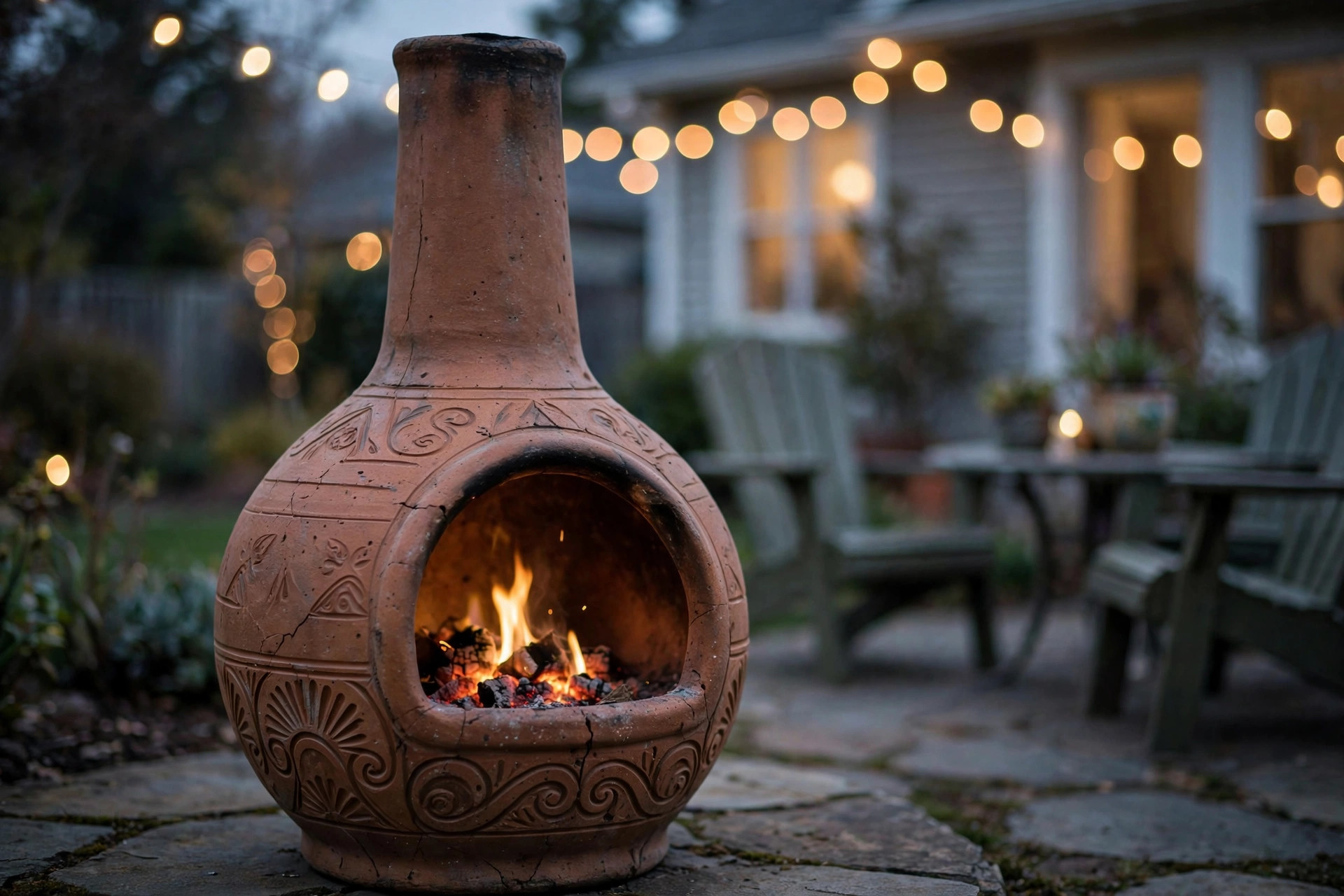 top rated chimineas for patios for american homes: A top rated chiminea for patios glowing on an American home patio