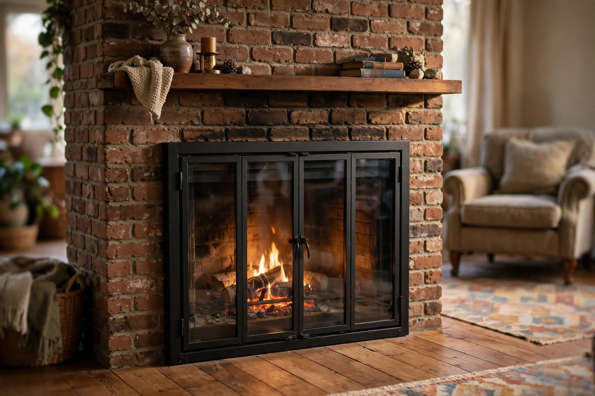 Energy efficient fireplace glass doors with free shipping installed on a brick hearth in an American living room