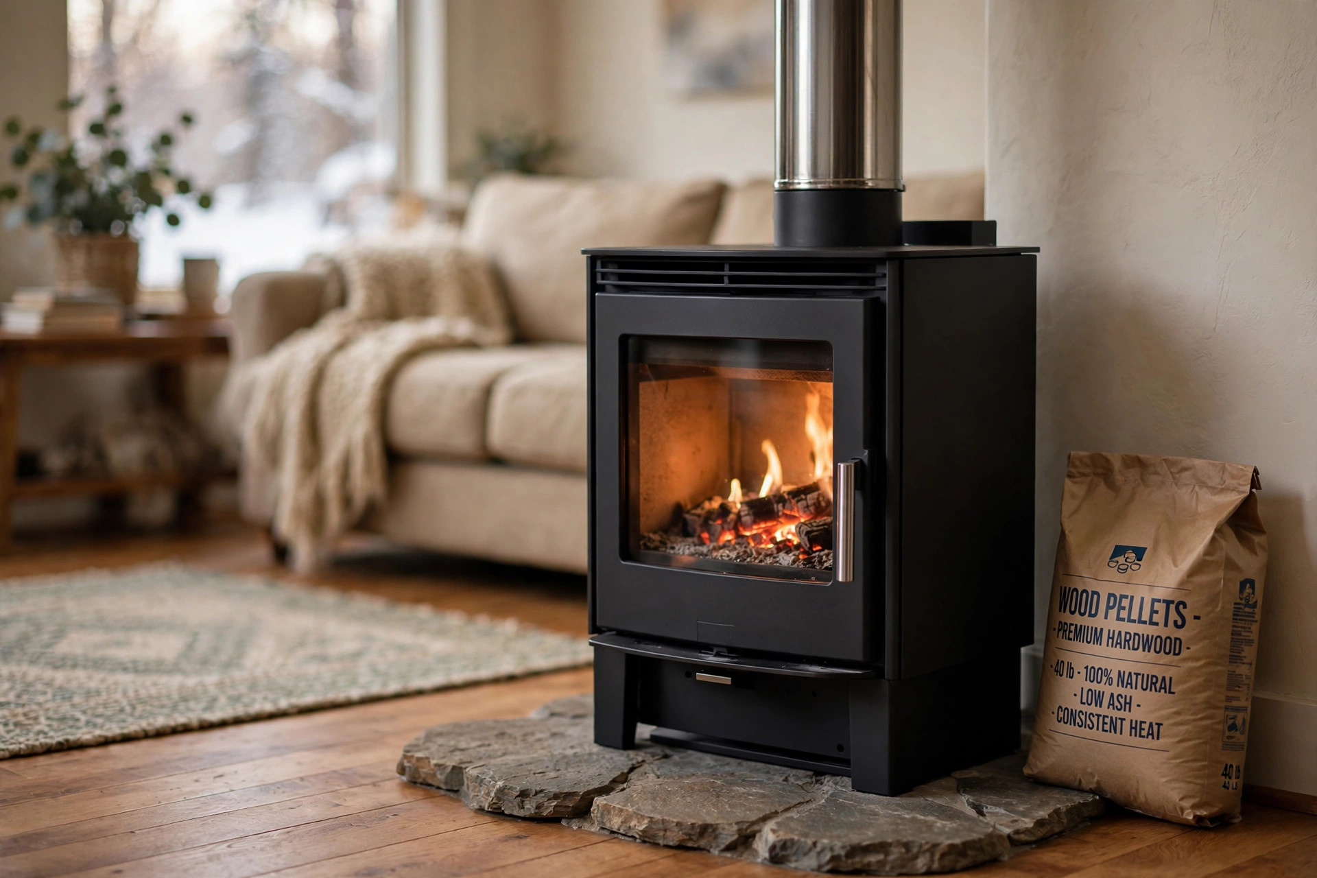 energy efficient pellet stoves for heating for sale: Energy efficient pellet stove heating a living room