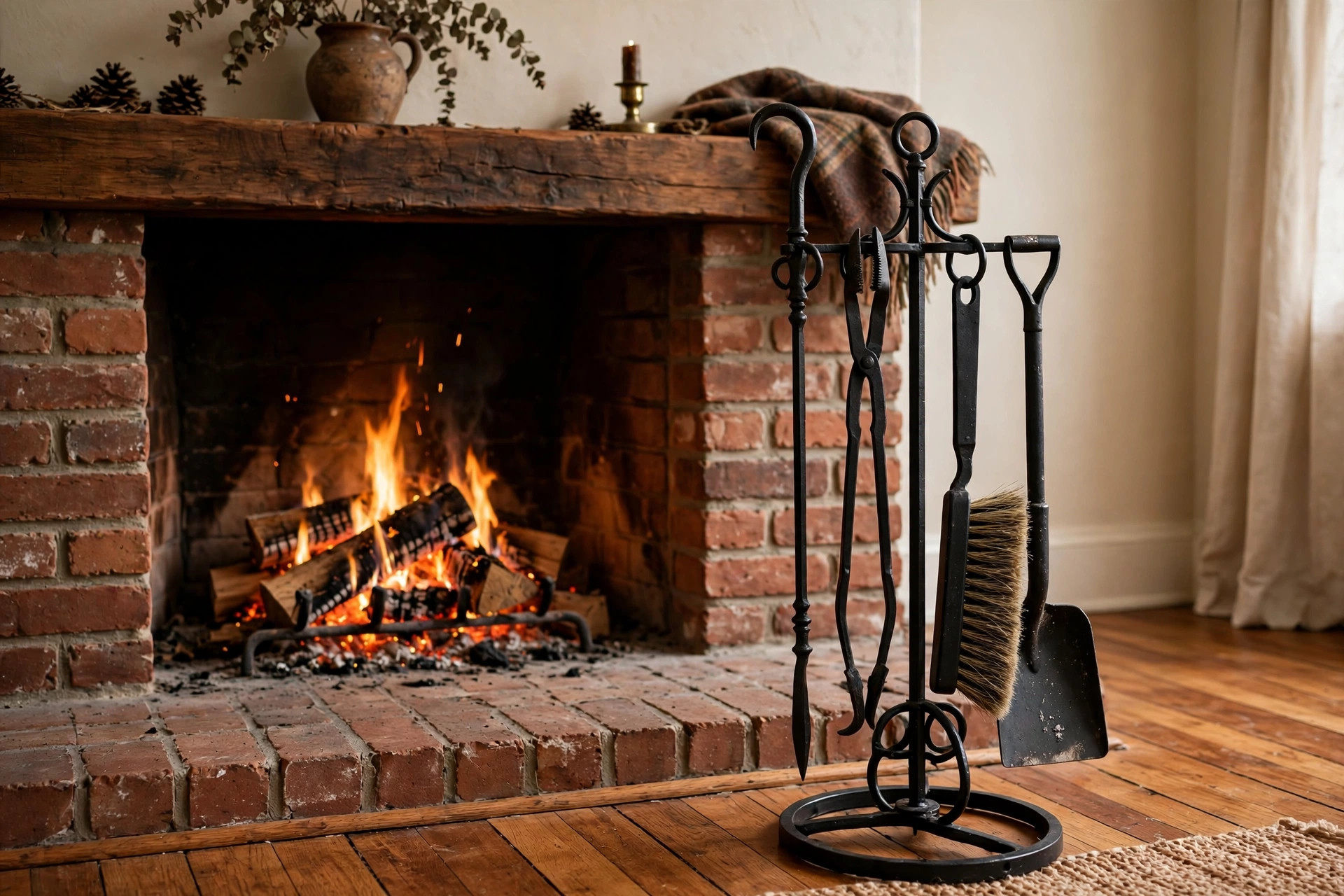 Affordable fireplace tool sets for sale beside a wood-burning hearth