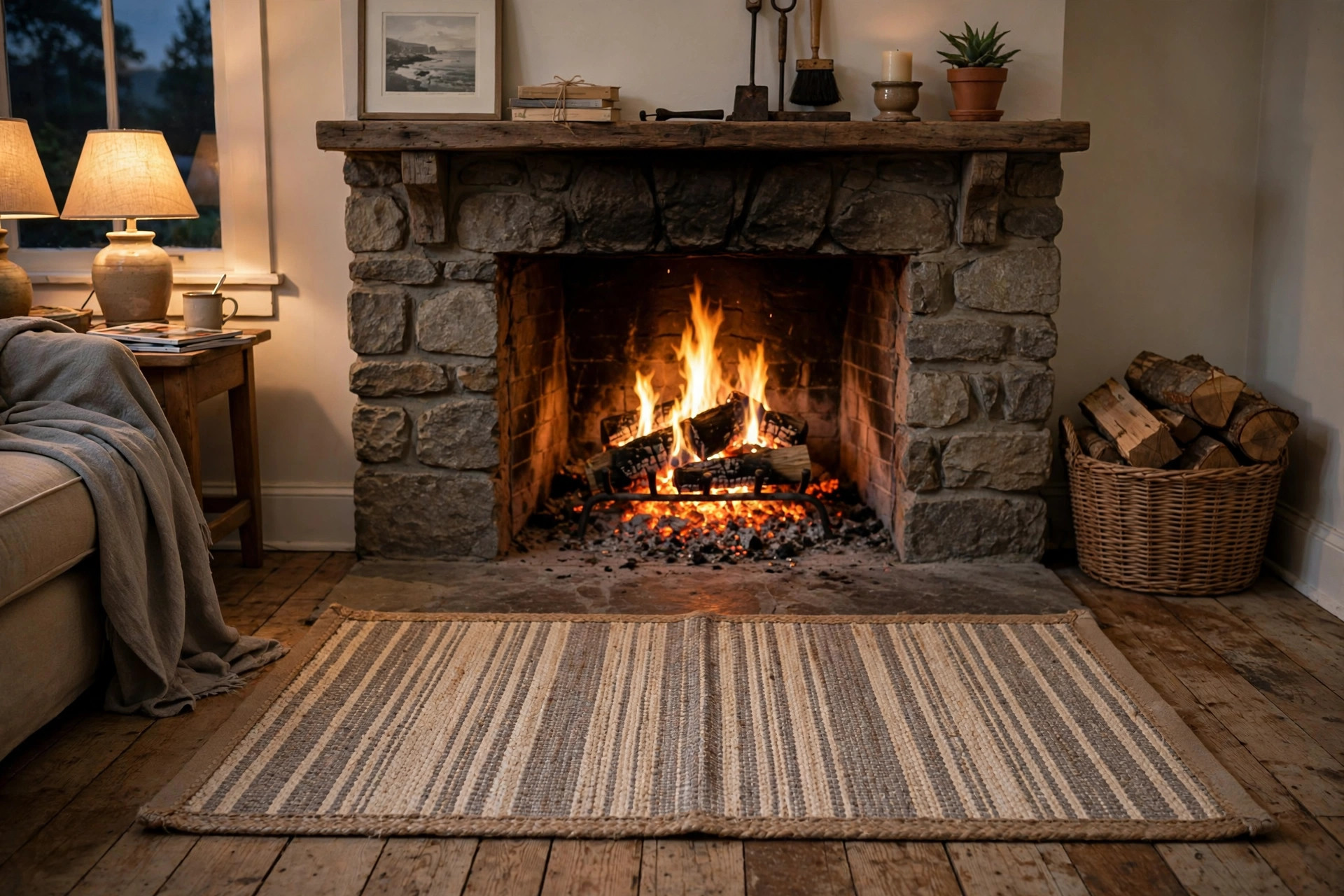 A budget friendly fireplace hearth rugs buying guide showing an affordable hearth rug in front of a stone fireplace