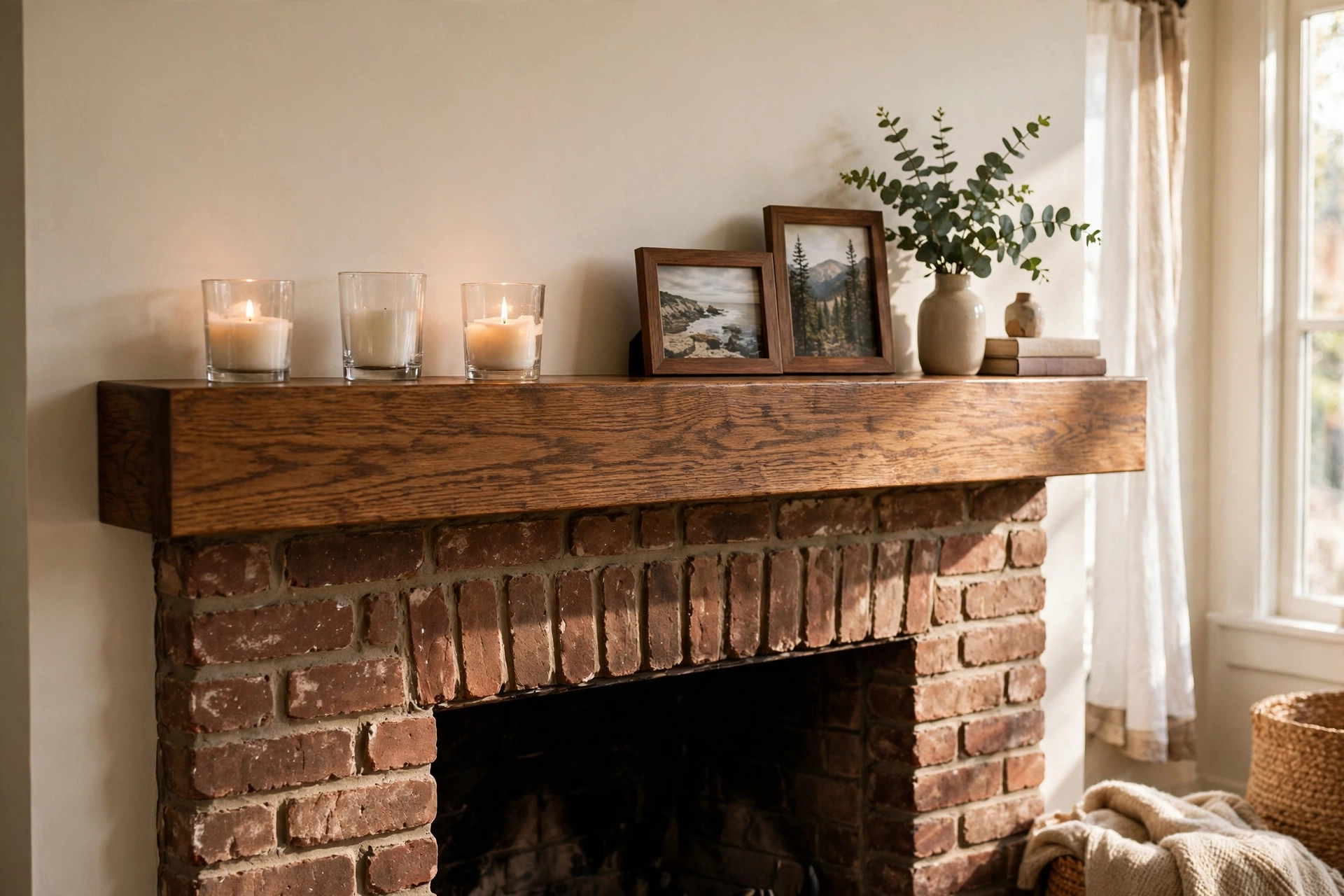 affordable fireplace mantel shelves for sale: A natural wood mantel shelf mounted above a brick fireplace in an American living room
