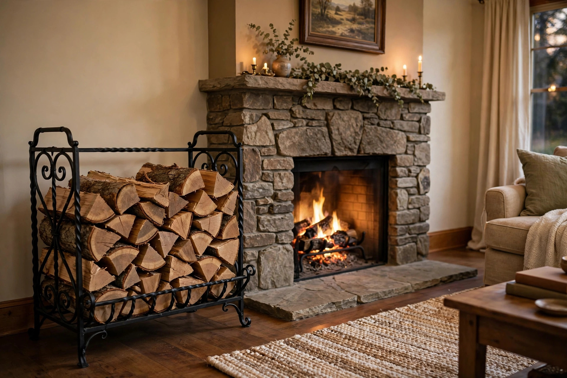 fireplace log holders price comparison usa in a cozy American living room