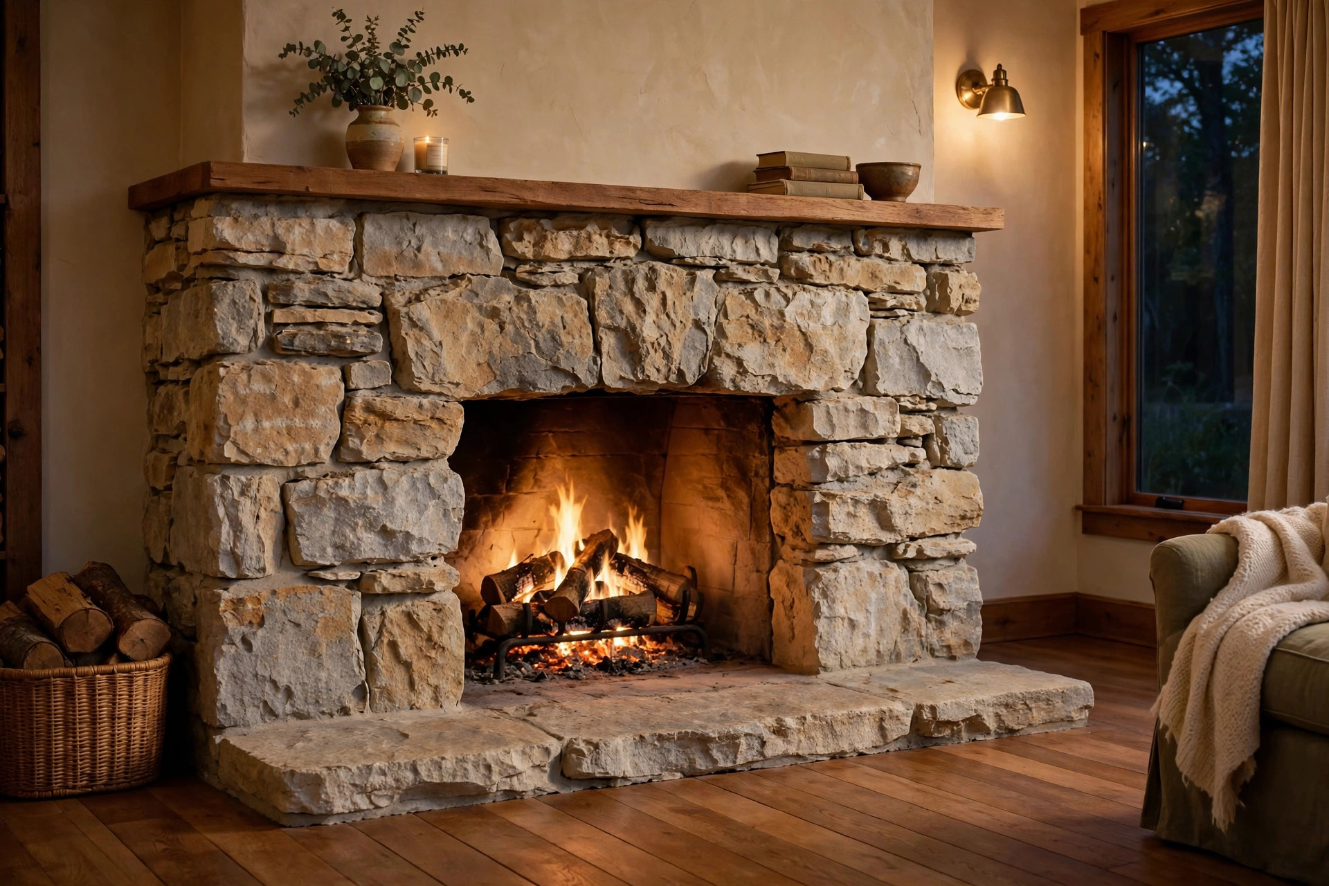 Energy efficient stone fireplace surrounds for sale shown in a warm American living room